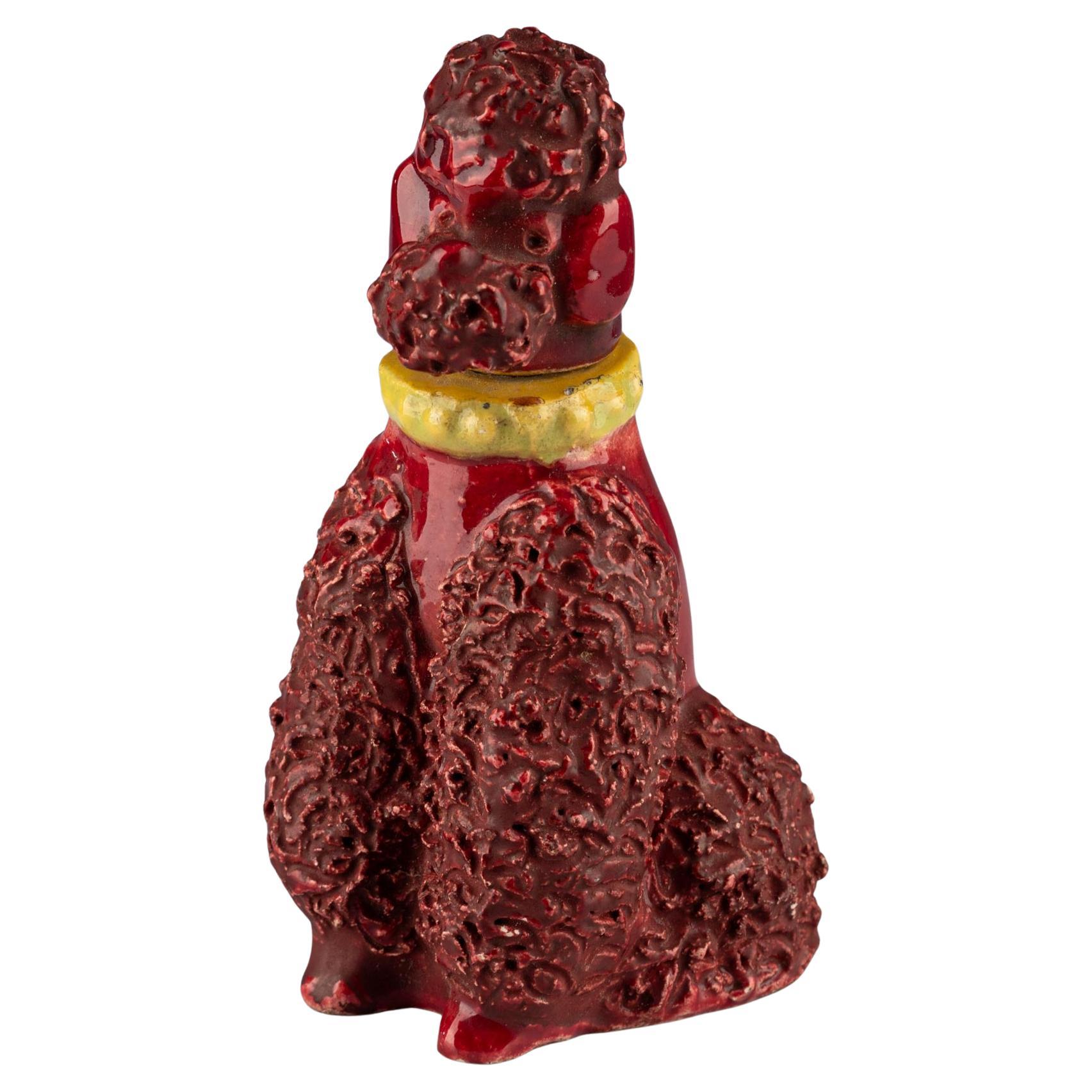 Vintage Mid-Century Glazed Ceramic Maroon Spaghetti Poodle Lighter Sculpture