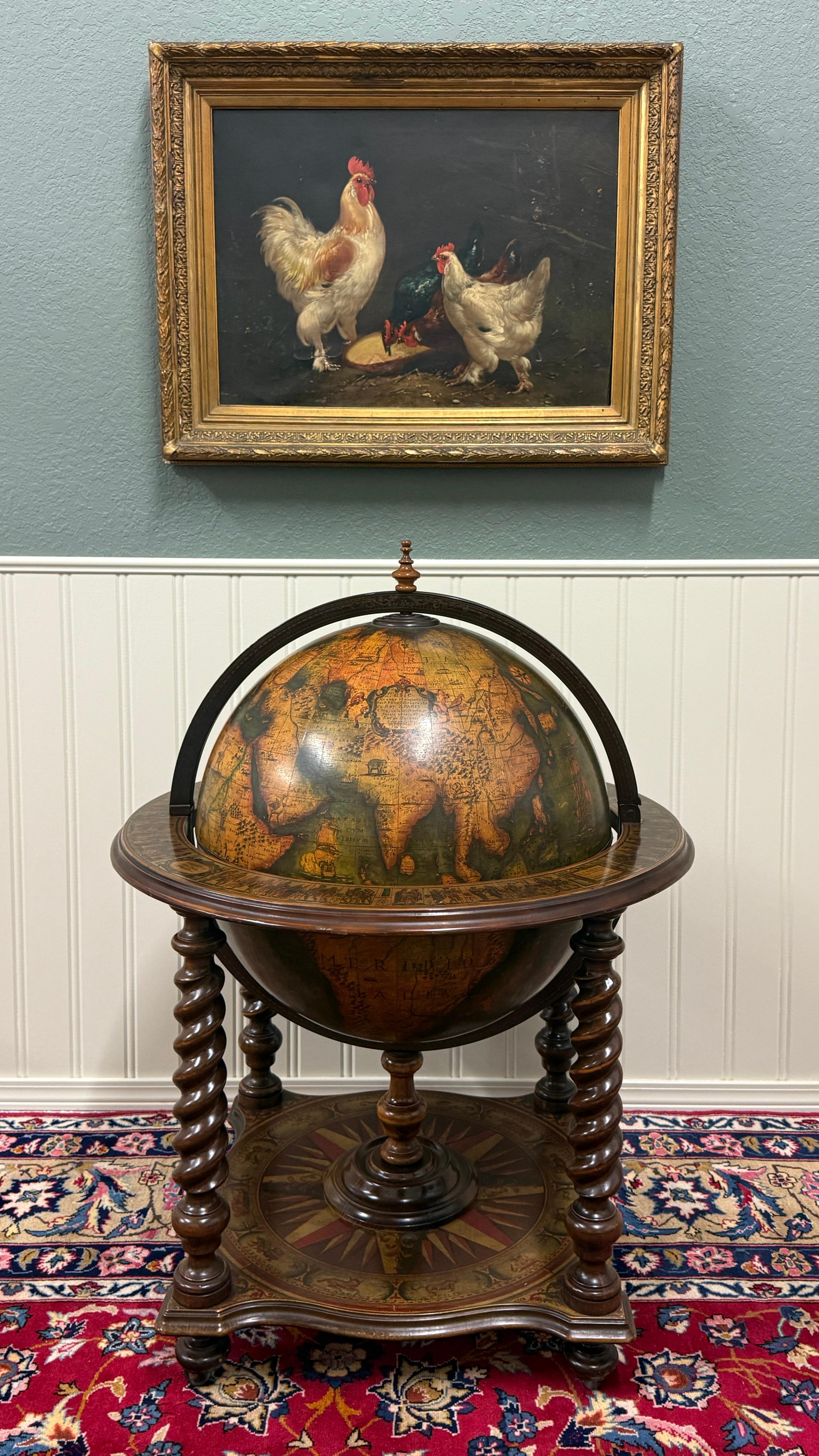 UNIQUE Mid-Century Round GLOBE Cocktail Bar Cart or Liquor Cabinet with Fitted Rotating Interior Bar Depicting Constellations, Olde World Maps and Zodiac signs

Excellent thick barley twist legs on casters
 
44