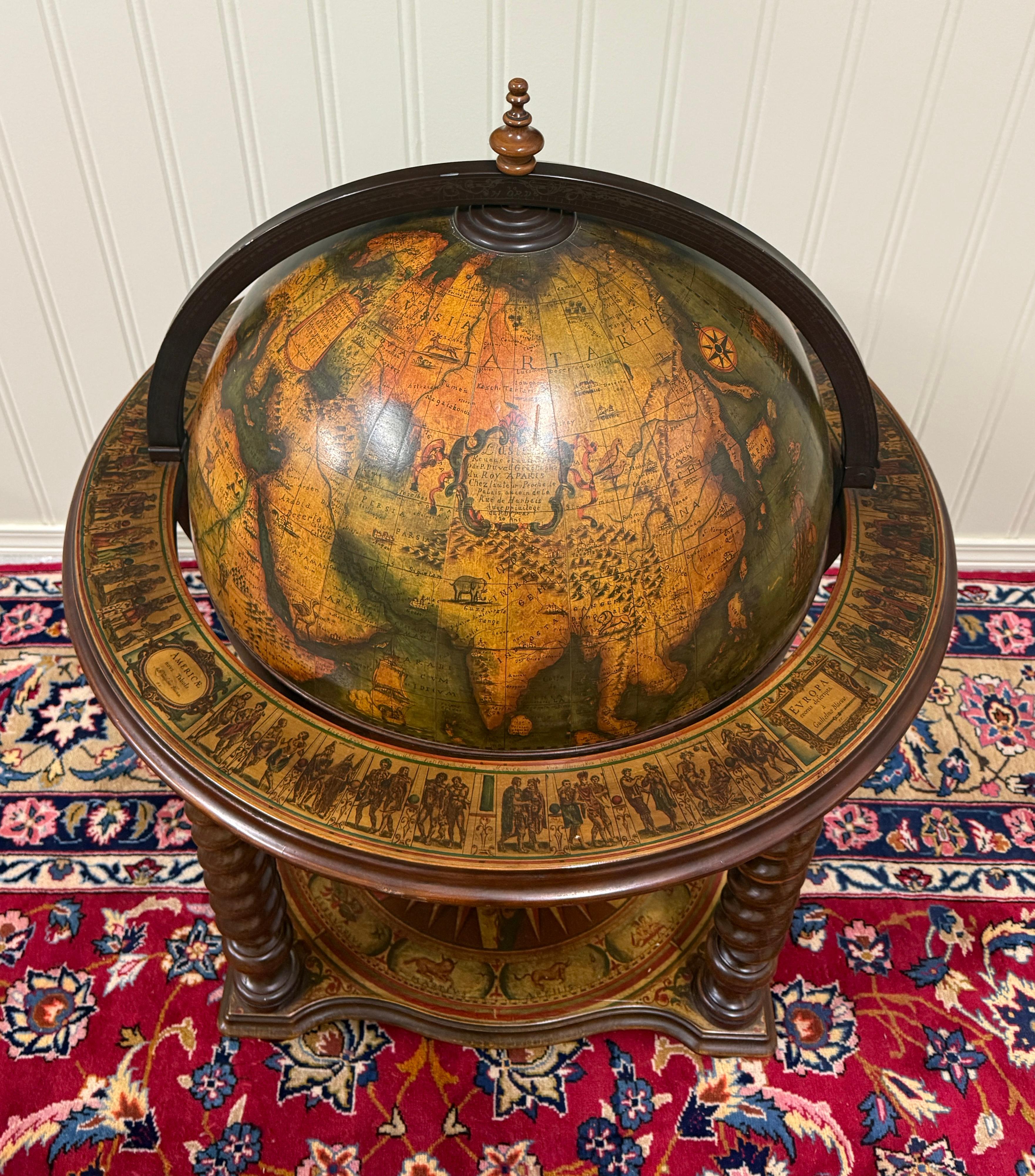 Carved Vintage MID-CENTURY Globe Cocktail Bar Cart Trolley Barley Twist Cigar Lounge