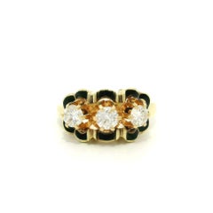 Vintage Mid Century Gold .60ct Diamond w/ Scalloped Black Enamel 3 Stone Ring