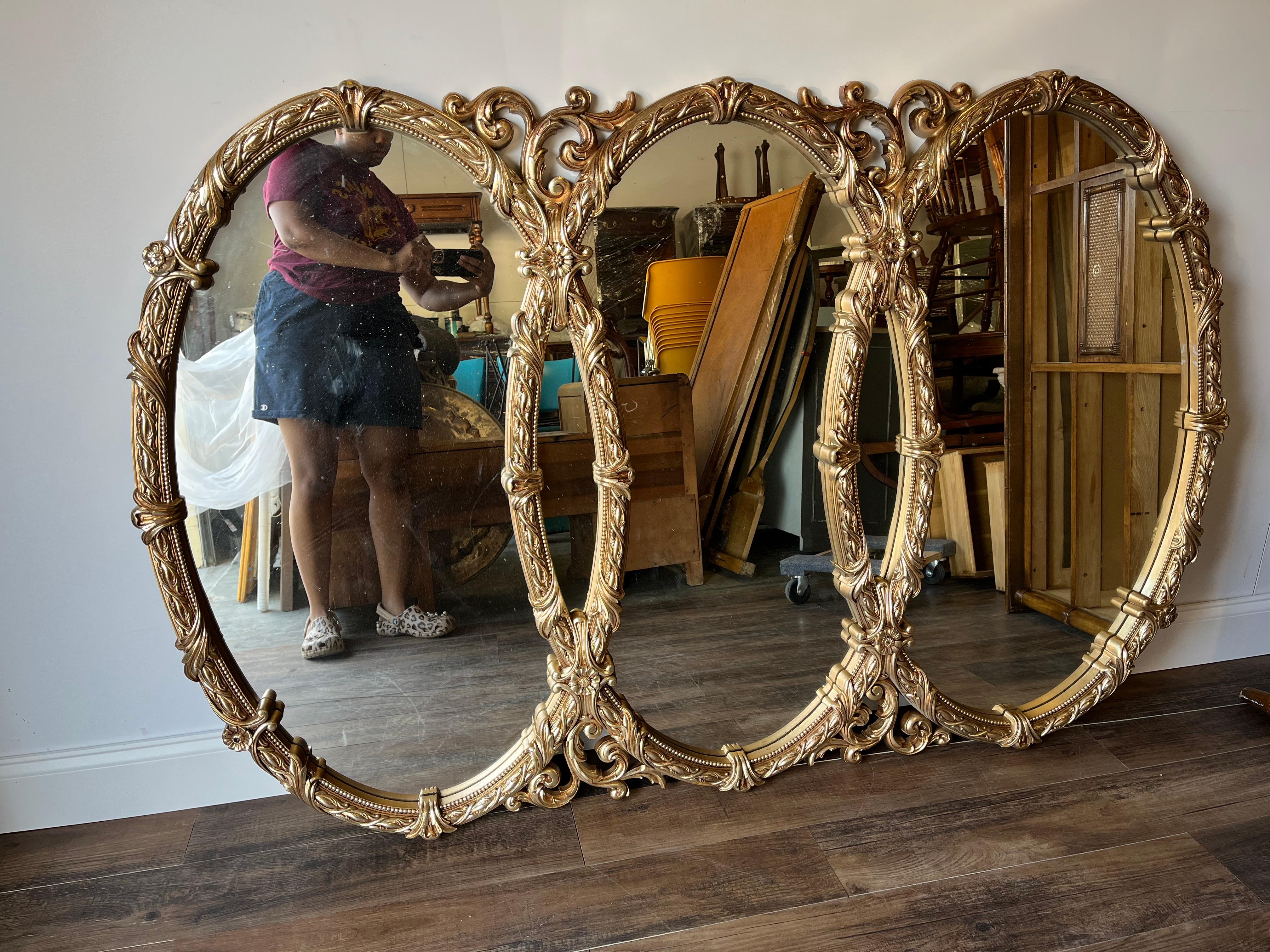 Vintage Mid Century Gold Bassett Triptych Hollywood Regency Oval Wall Mirror In Good Condition In Virginia Beach, VA