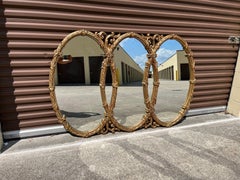Vintage Mid Century Gold Bassett Triptych Hollywood Regency Oval Wall Mirror