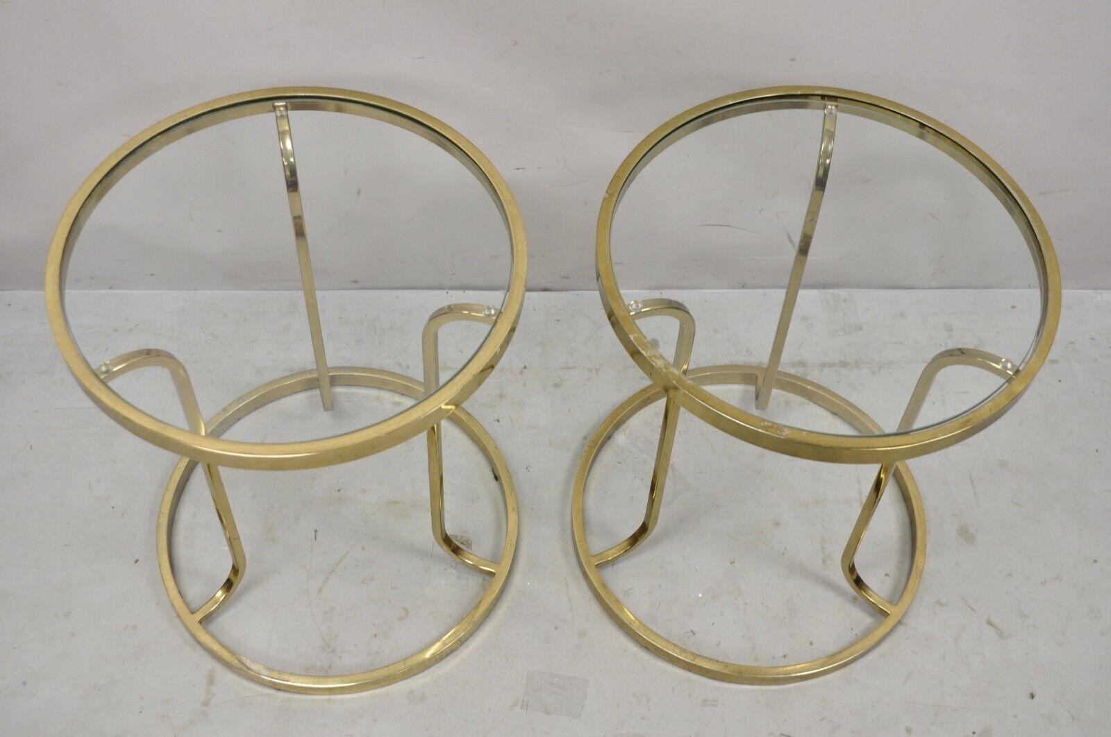 Mid-Century Modern Vintage Midcentury Gold Brass Metal Baughman Style Round Side Tables, a Pair For Sale