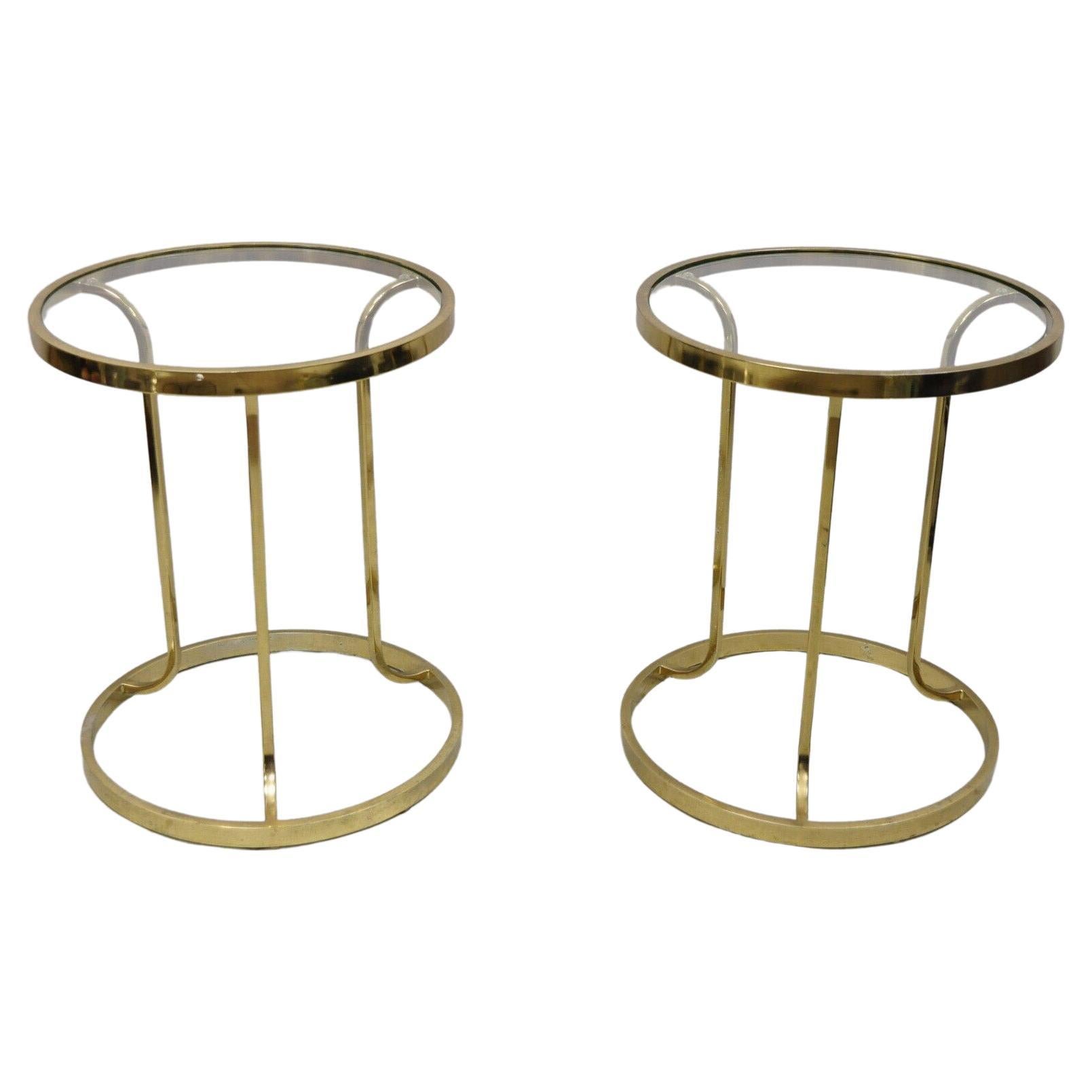 Vintage Midcentury Gold Brass Metal Baughman Style Round Side Tables, a Pair For Sale