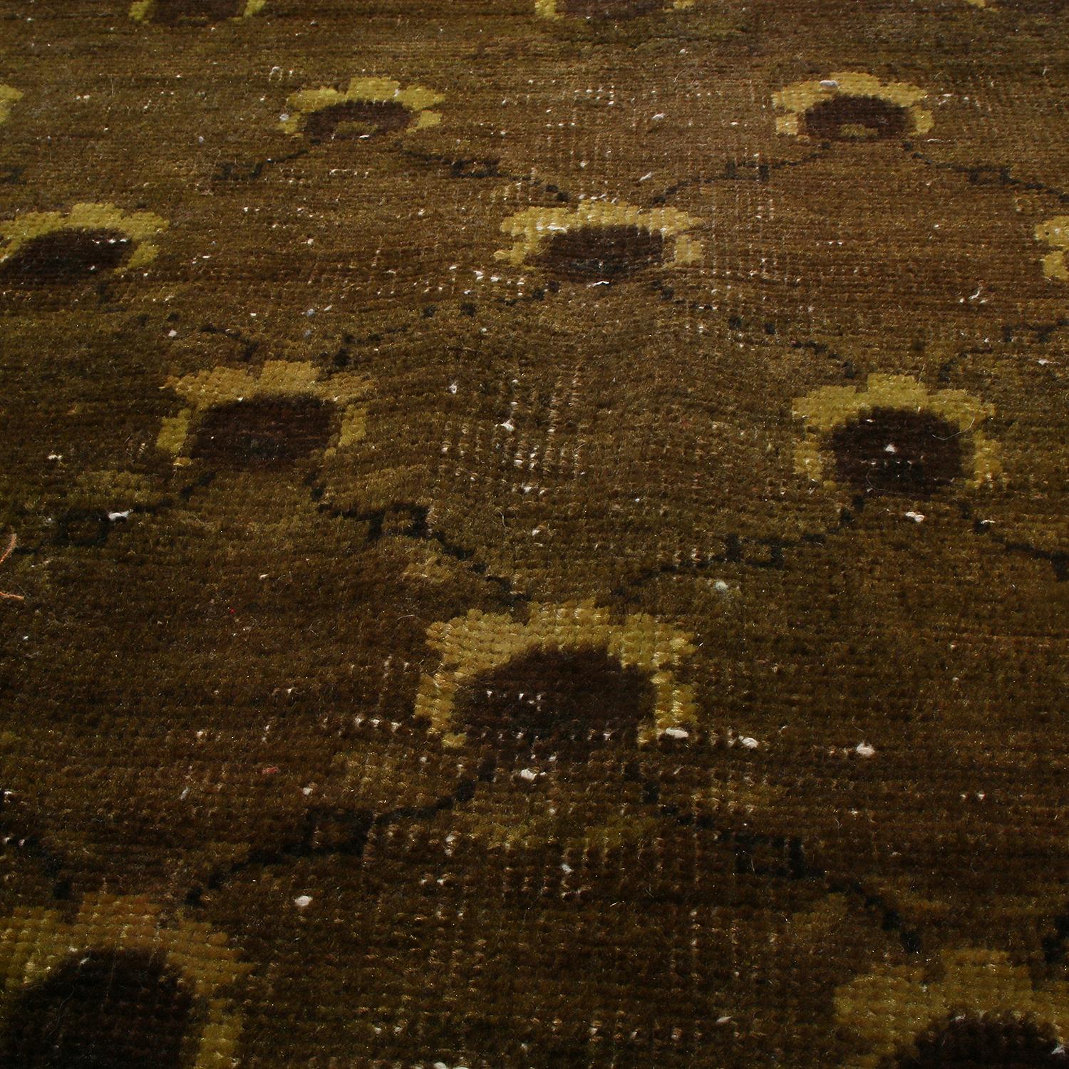 Turkish Vintage Mid-Century Golden-Brown and Green Wool Rug with Yellow Floral Accents