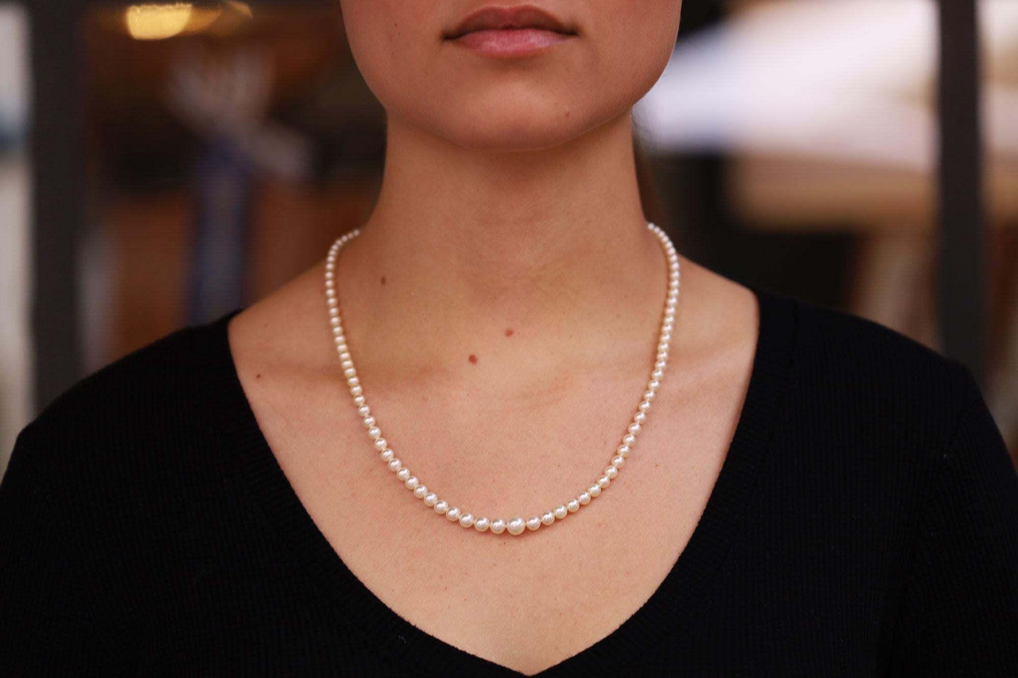 This dainty, vintage cultured pearl necklace is the perfect gift for her as a wedding, birthday or graduation present. The birthstone of June, this tempting strand of lustrous beauty features 102 perfectly matched round Japanese Akoya pearls