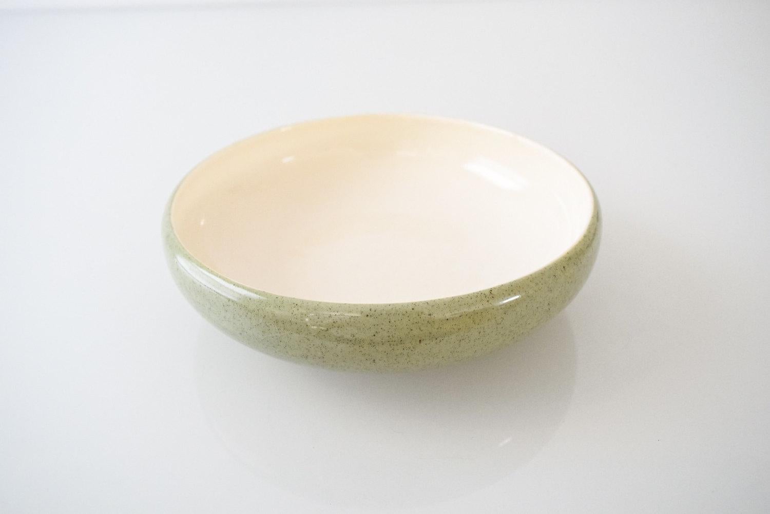 American Vintage Mid Century Green and Cream Handmade Ceramic Bowl