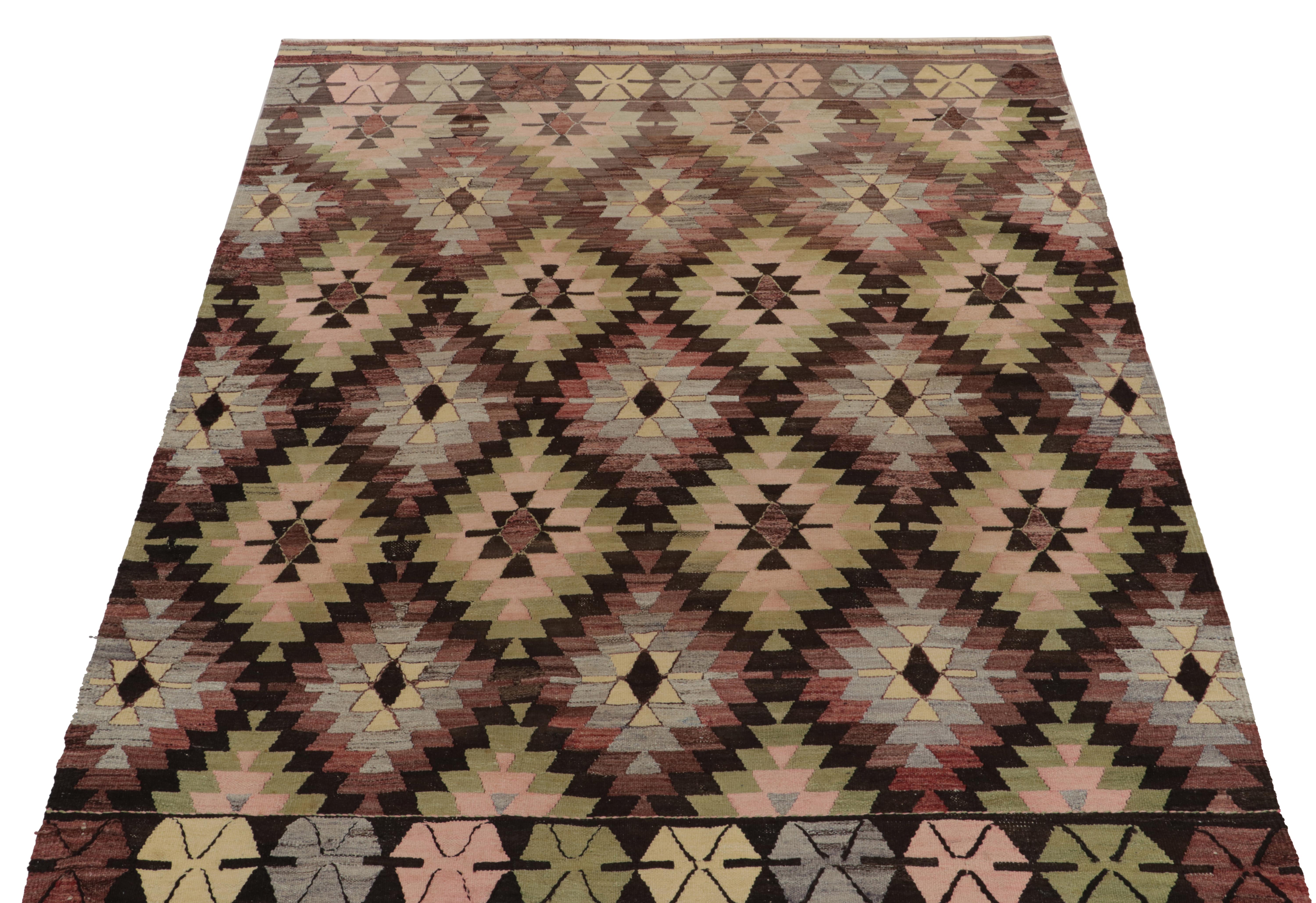 Turkish Vintage Tribal Kilim rug in Light Washed, Green Geometric Pattern by Rug & Kilim For Sale