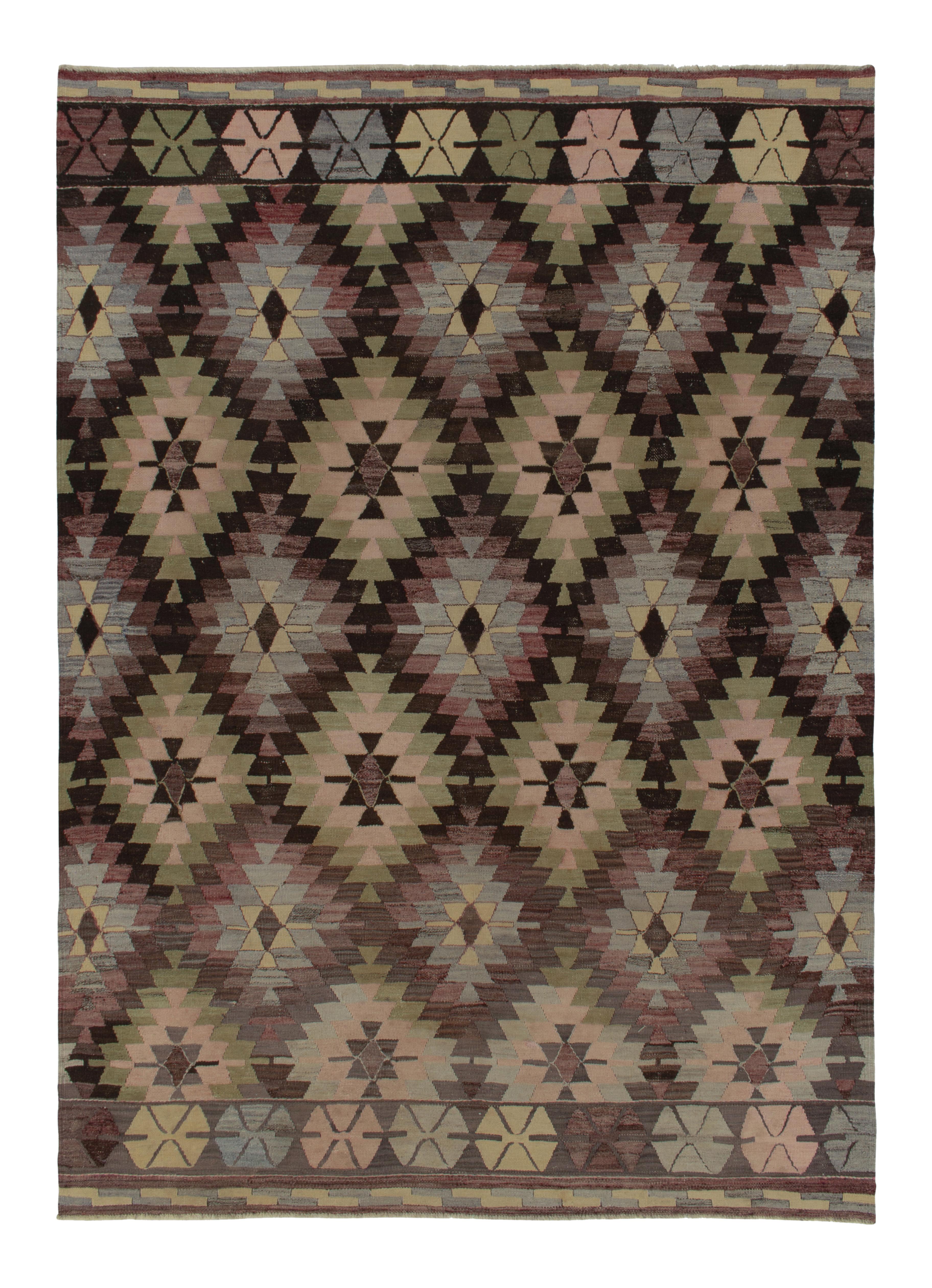 Vintage Tribal Kilim rug in Light Washed, Green Geometric Pattern by Rug & Kilim For Sale