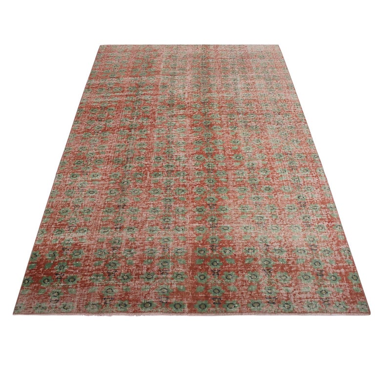 Vintage Midcentury Green and Red Geometric Wool Rug at 1stDibs