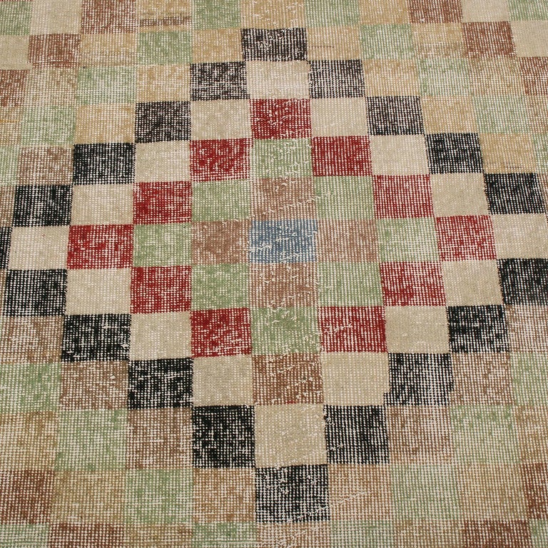 Vintage Midcentury Green and Red Geometric Wool Rug with Earth Tone ...