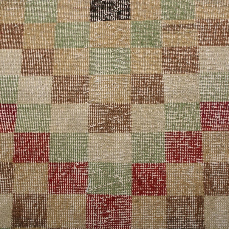 Vintage Midcentury Green and Red Geometric Wool Rug with Earth Tone ...