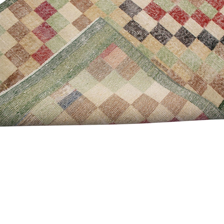 Vintage Midcentury Green and Red Geometric Wool Rug with Earth Tone ...