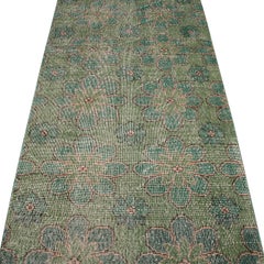 Vintage Midcentury Green and Turquoise Geometric-Floral Wool Rug