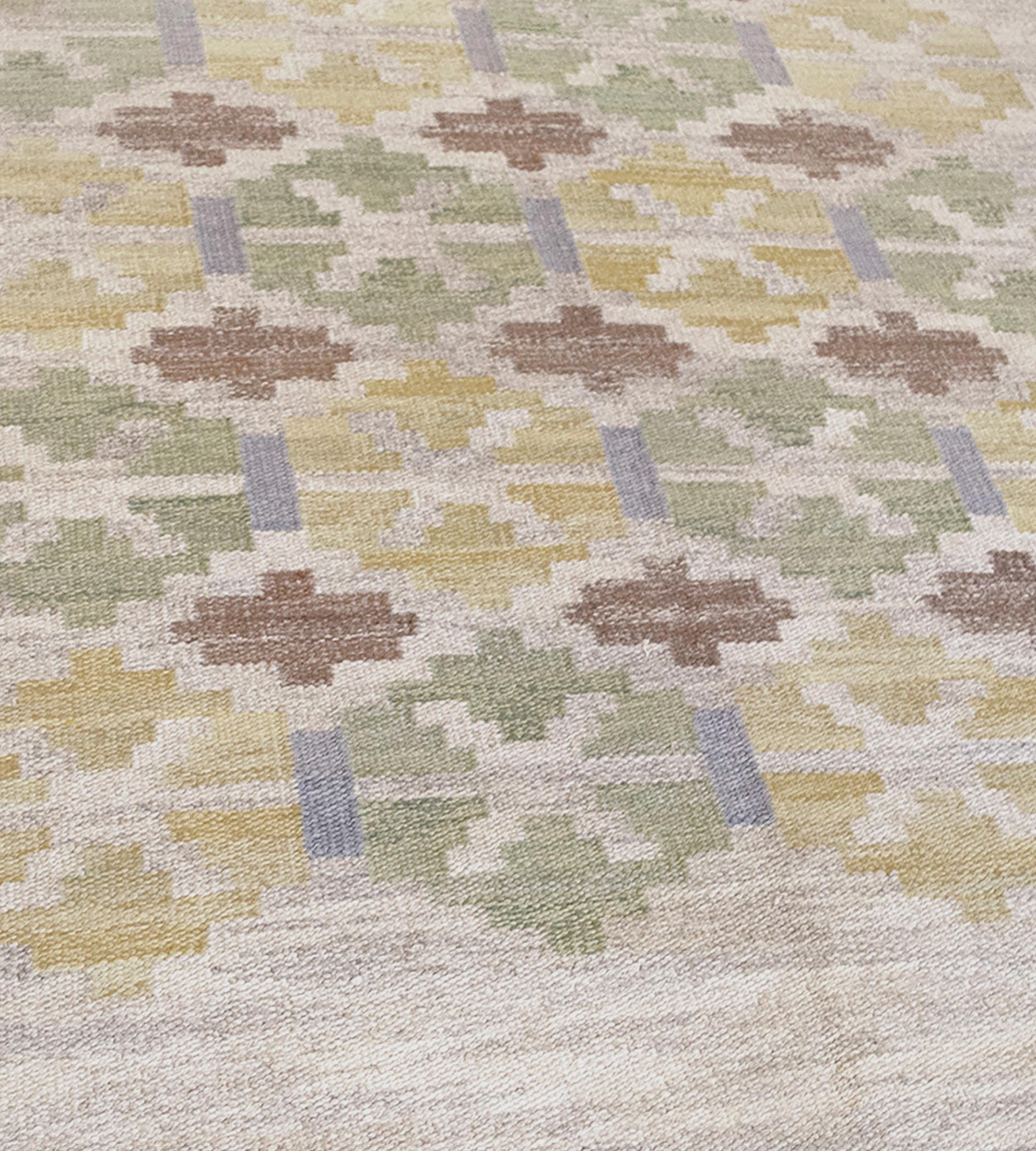 Mid-20th Century Vintage Mid-century Green and Yellow Wool Hand-woven Swedish Flat-Weave Rug For Sale