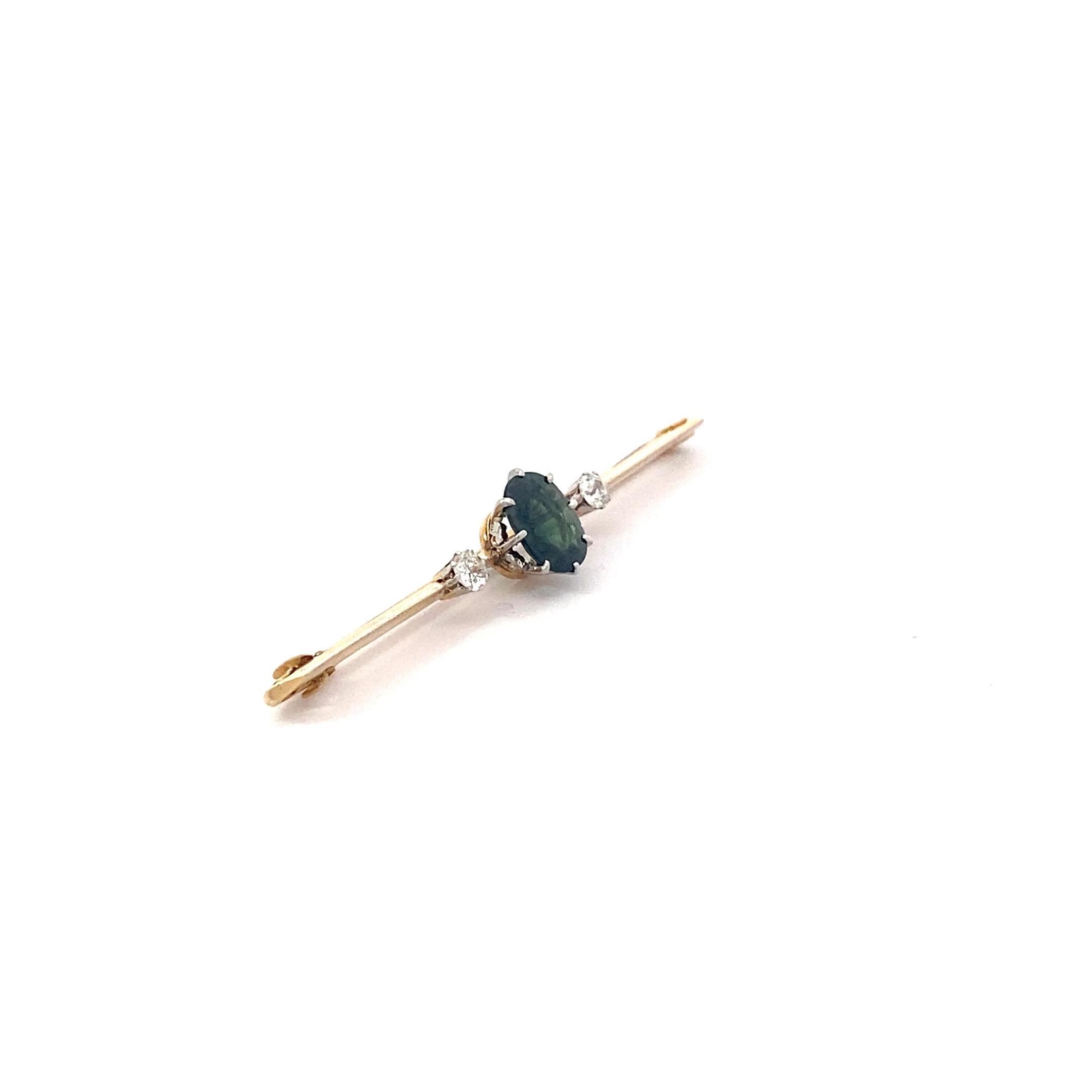 Vintage Mid Century Green Sapphire Pin, 2.30 carats, 18k, Two Mine Cut Diamonds  In Good Condition For Sale In Brooklyn, NY