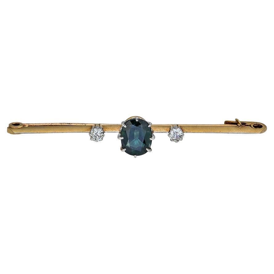 Vintage Mid Century Green Sapphire Pin, 2.30 carats, 18k, Two Mine Cut Diamonds 