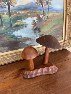Vintage Mid-Century Hand-Carved Monkey Pod Wood Mushroom Sculpture by Leilani.
