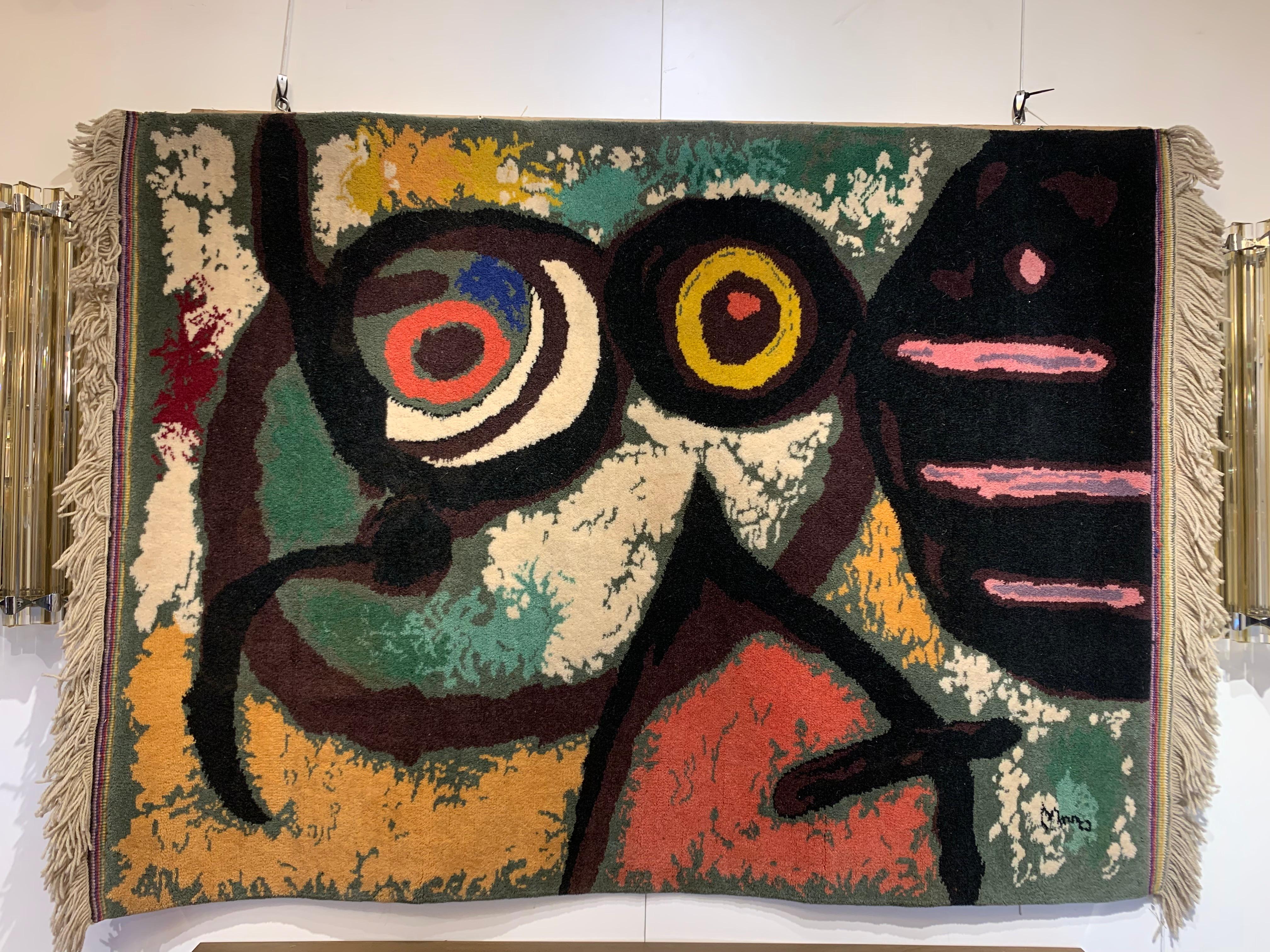 Vintage Mid-Century hand knotted wool tapestry “femme et oiseaux” by Joan Miro For Sale 6