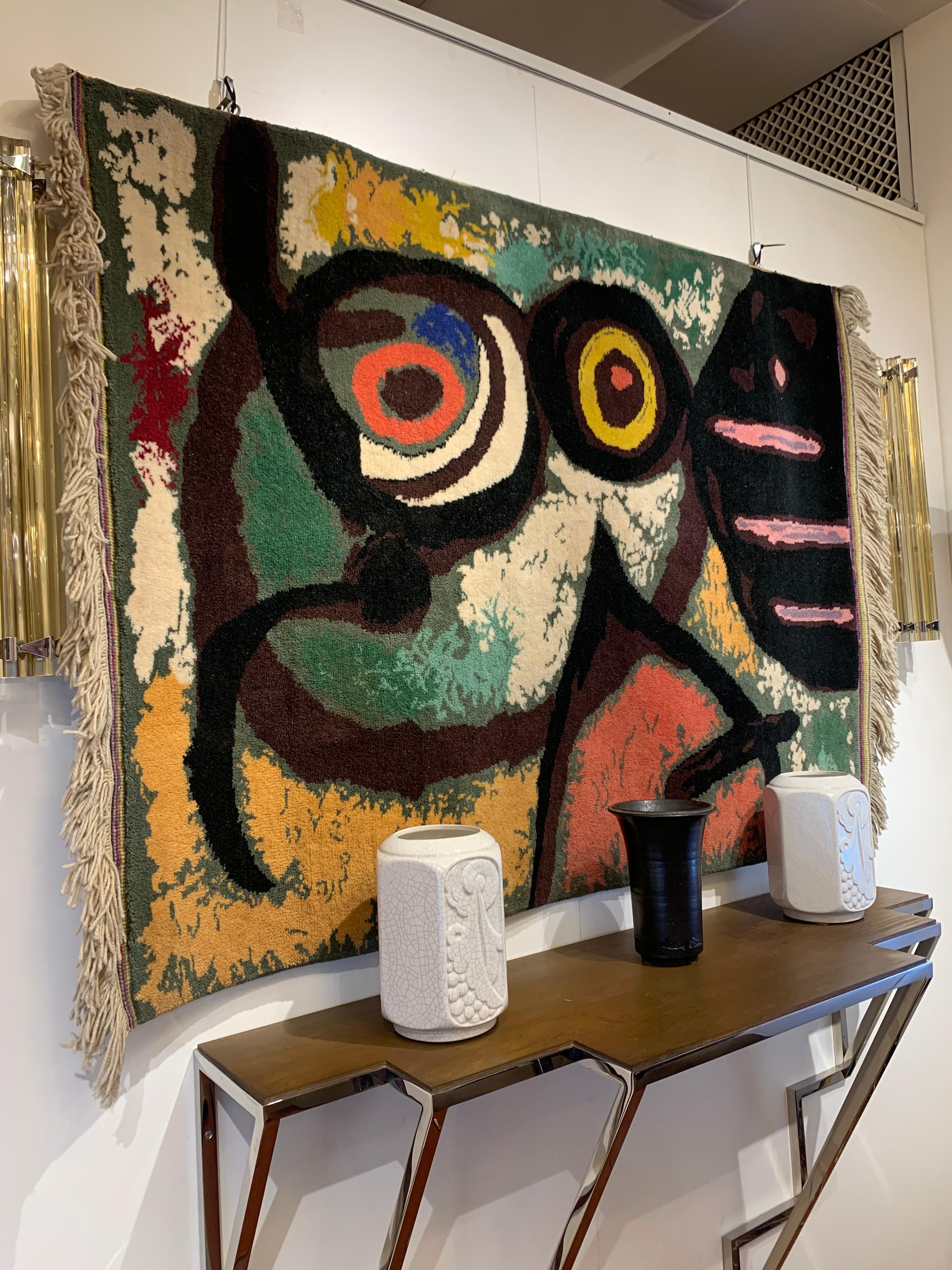 French Vintage Mid-Century hand knotted wool tapestry “femme et oiseaux” by Joan Miro For Sale