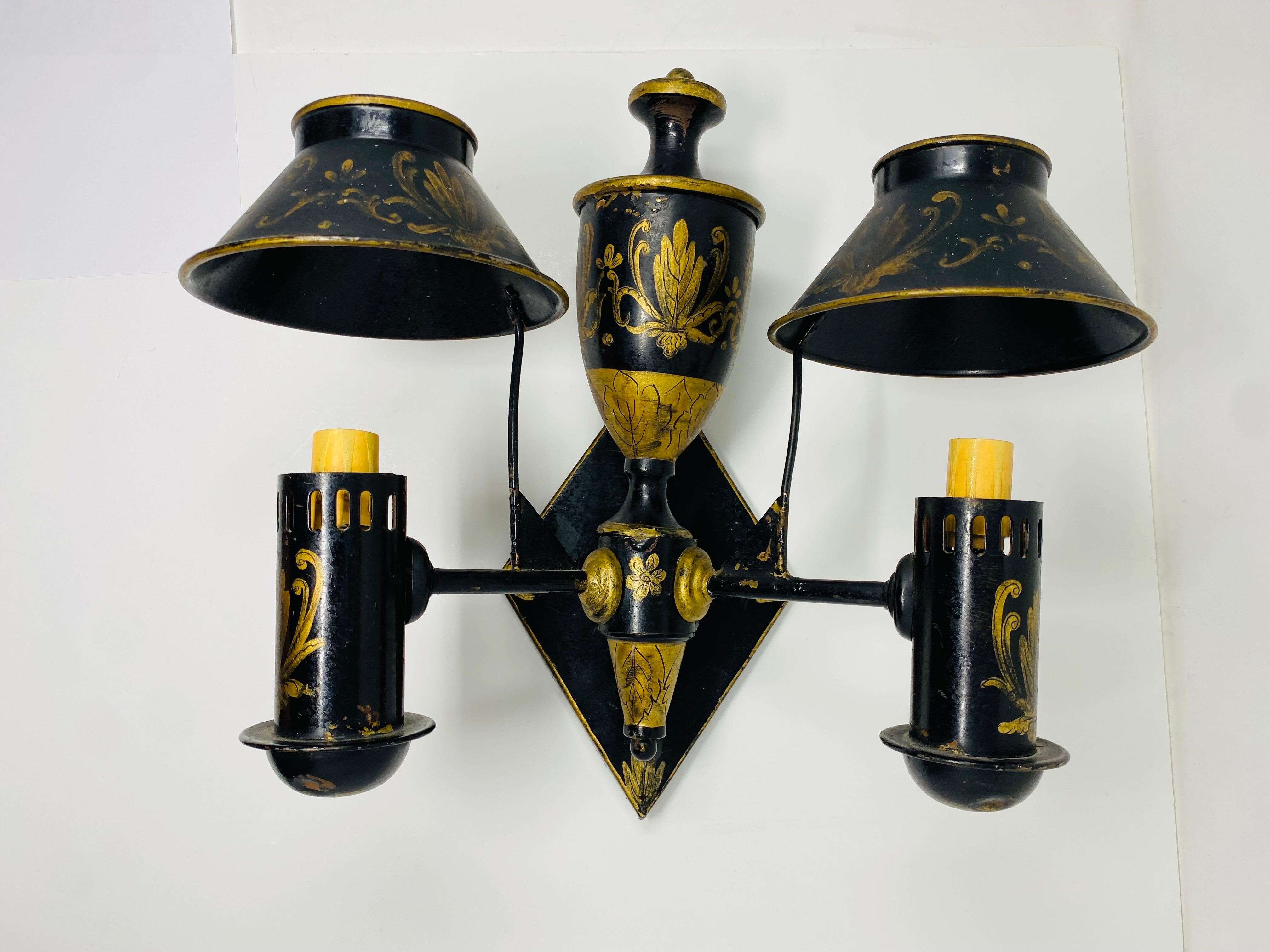 Mid-Century Modern Vintage Mid Century Hand Painted French Tole Sconces (Pair) For Sale