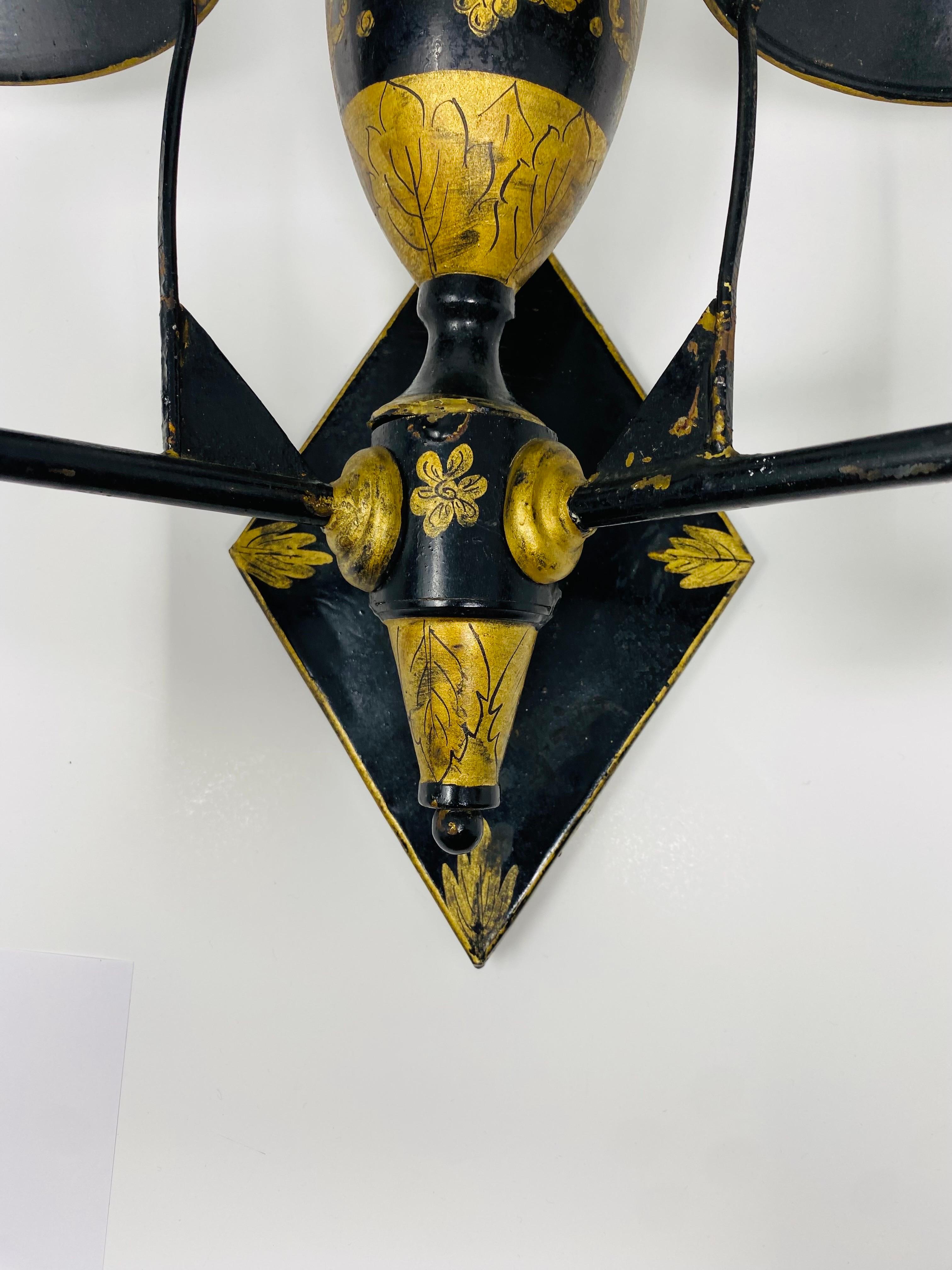 Hand-Crafted Vintage Mid Century Hand Painted French Tole Sconces (Pair) For Sale
