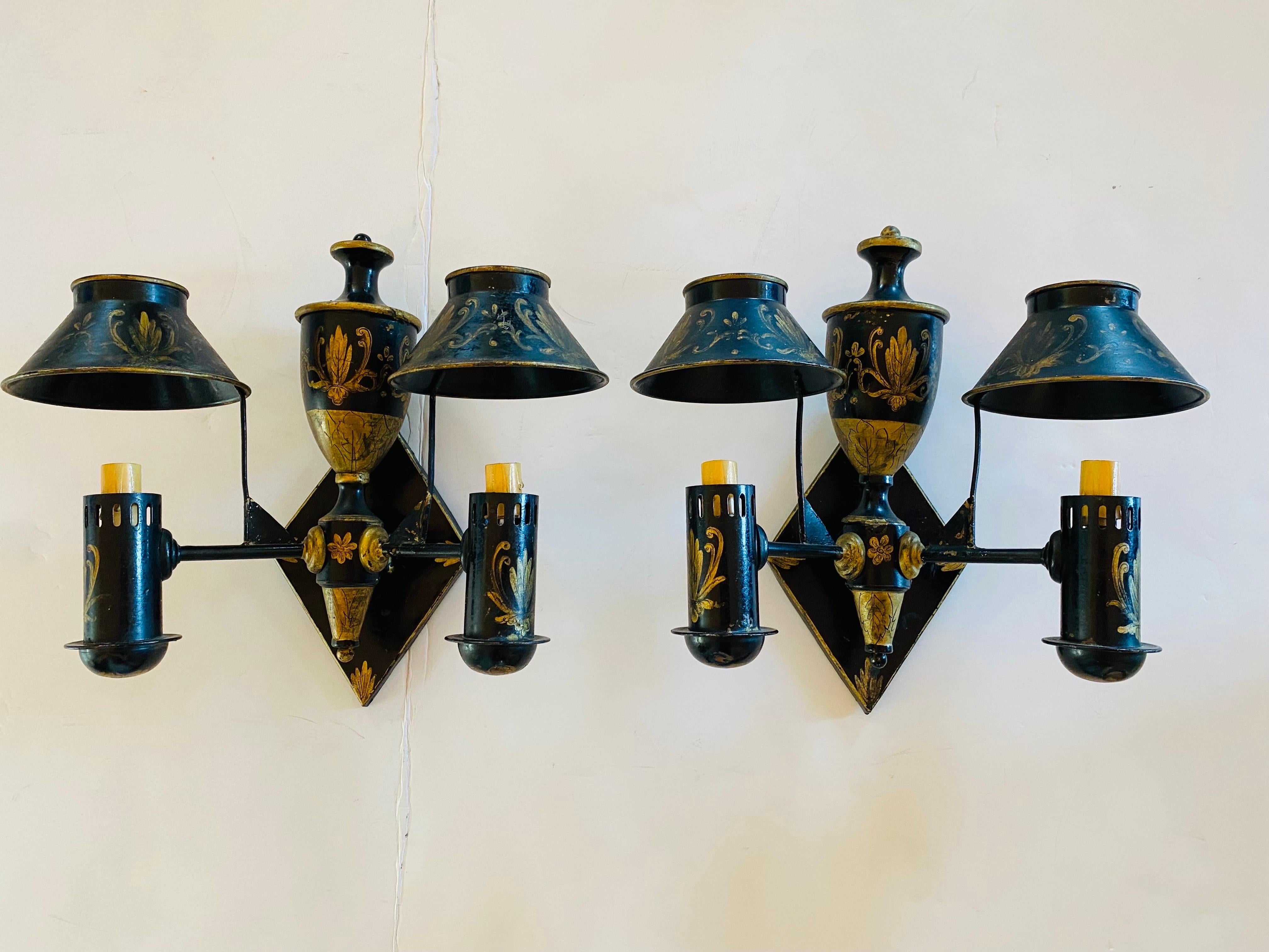 Metal Vintage Mid Century Hand Painted French Tole Sconces (Pair) For Sale