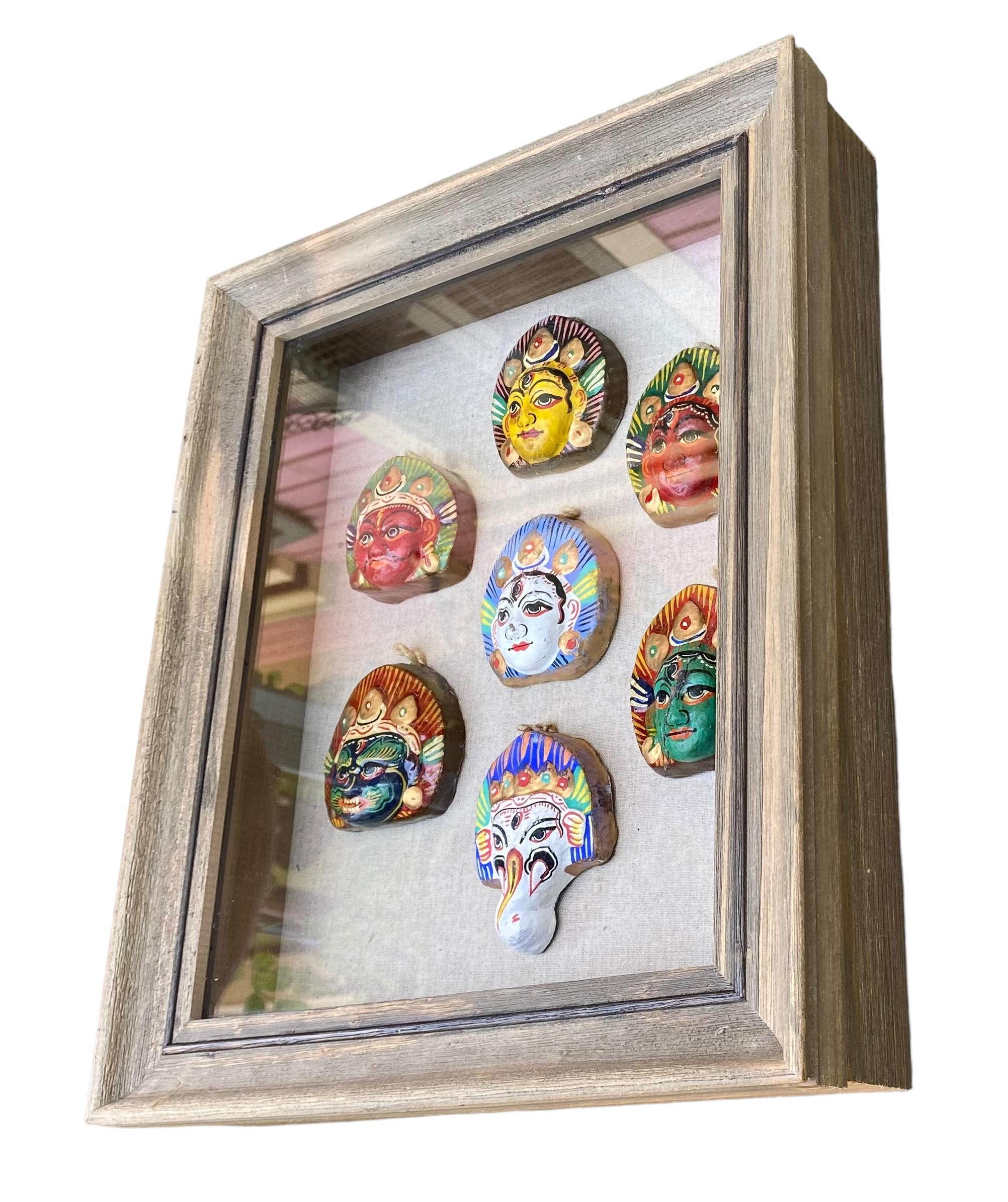 Carved Vintage Midcentury Hand Painted Shiva Sculptures Framed in Shadow Box For Sale