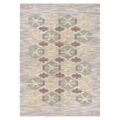 Vintage Mid-century Green and Yellow Wool Hand-woven Swedish Flat-Weave Rug
