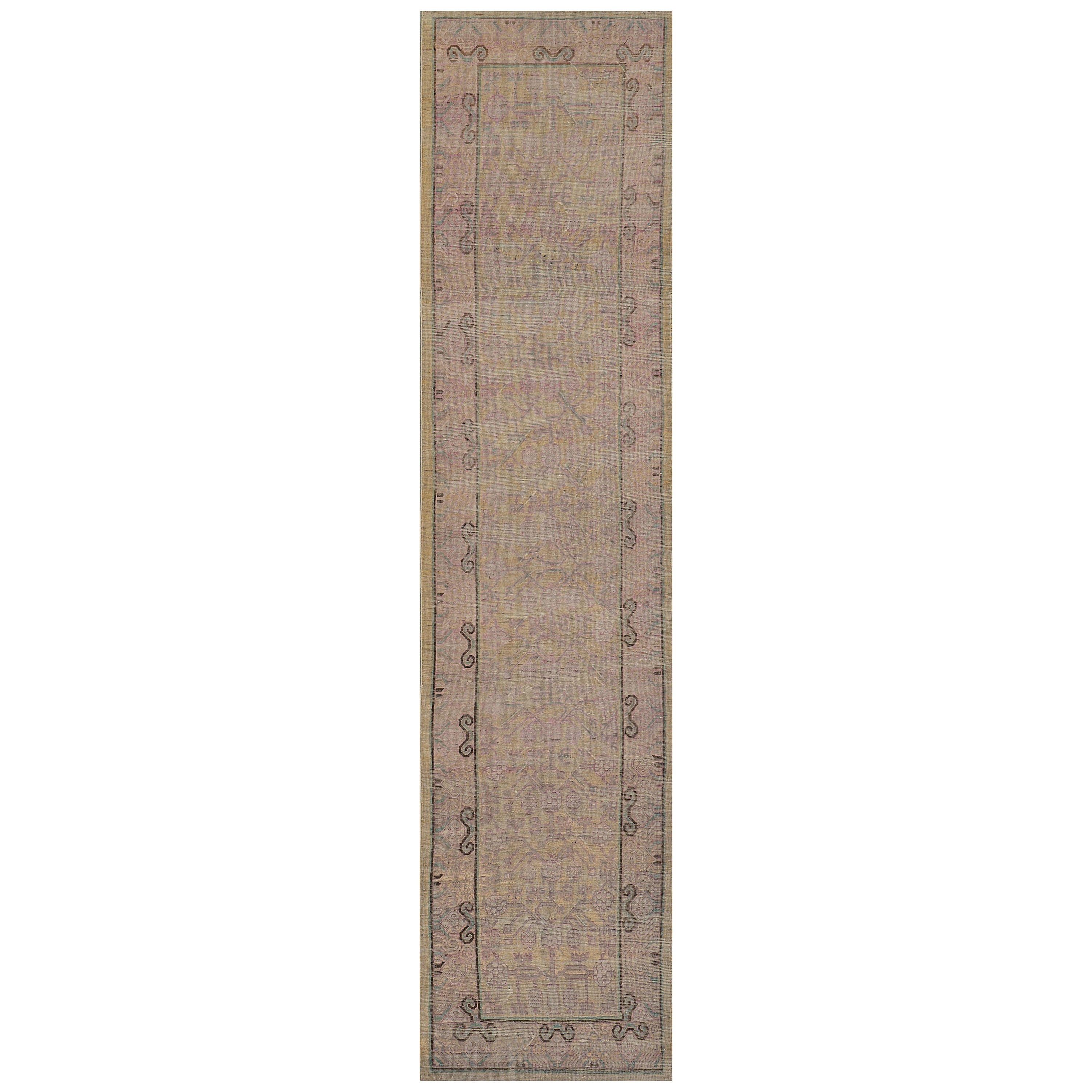 Runner Khotan in lana intrecciata a mano vintage della metà del secolo scorso