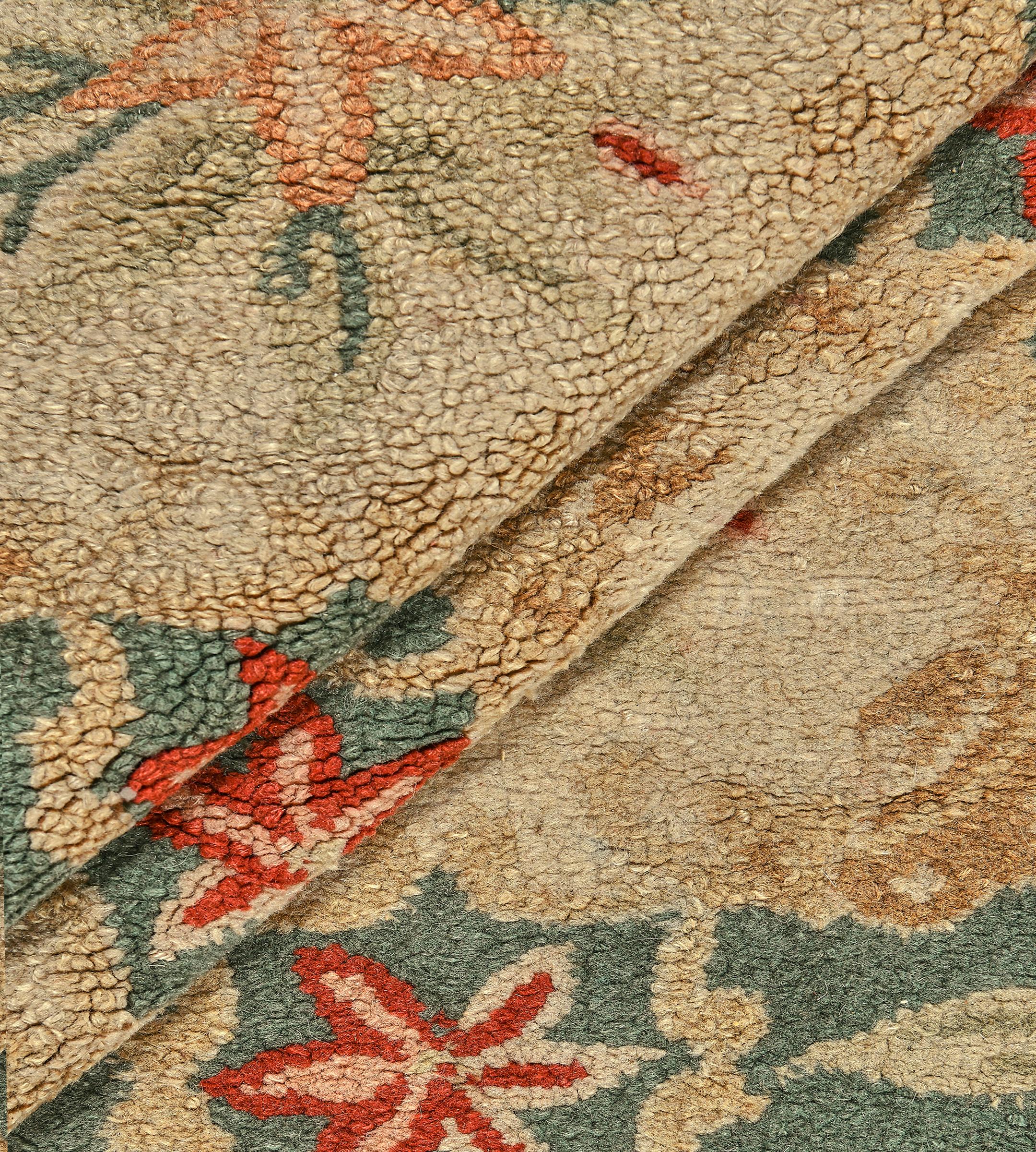Vintage Mid-Century Handmade Wool Hooked Green Floral Rug For Sale 4