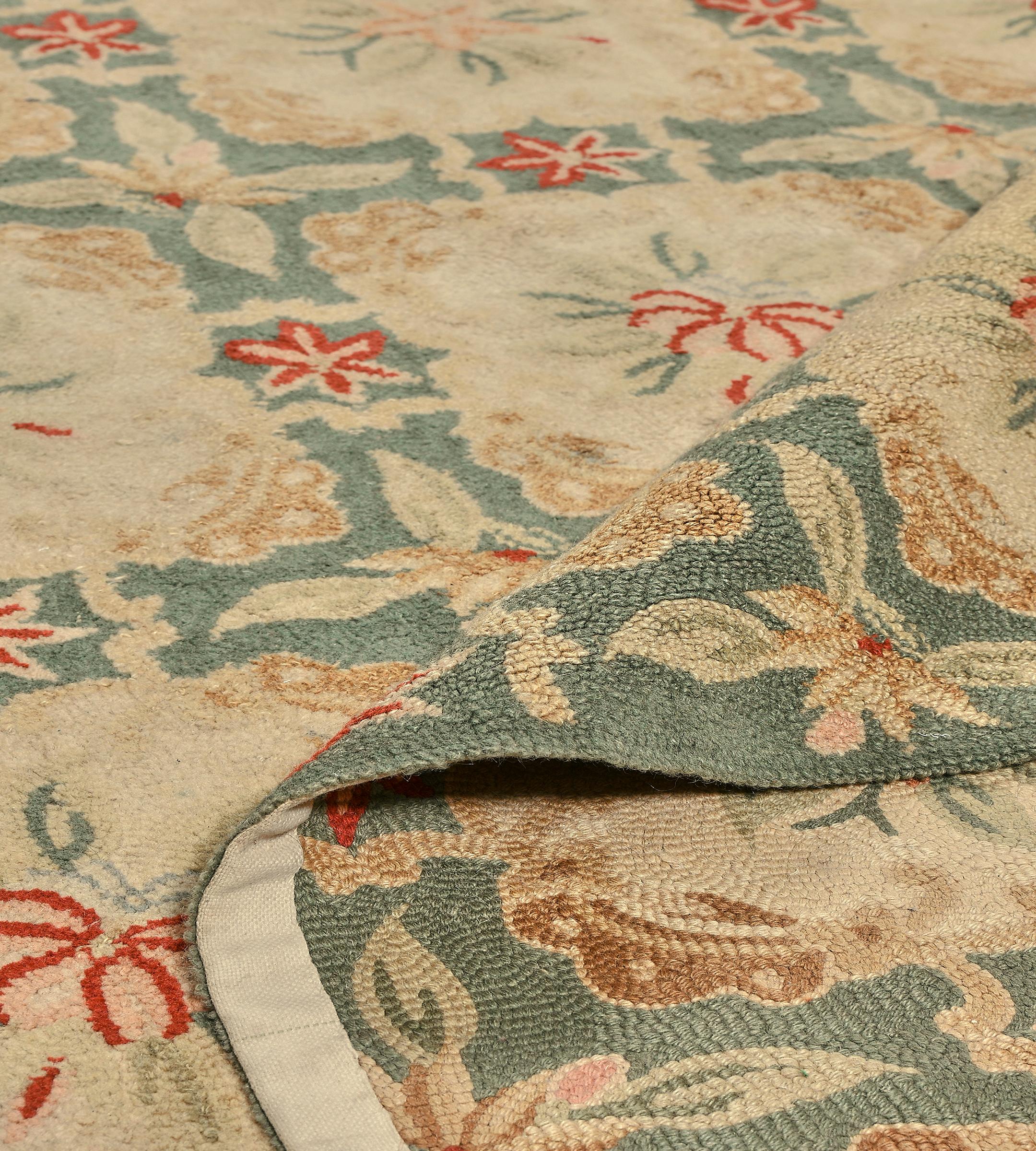 Vintage Mid-Century Handmade Wool Hooked Green Floral Rug For Sale 5