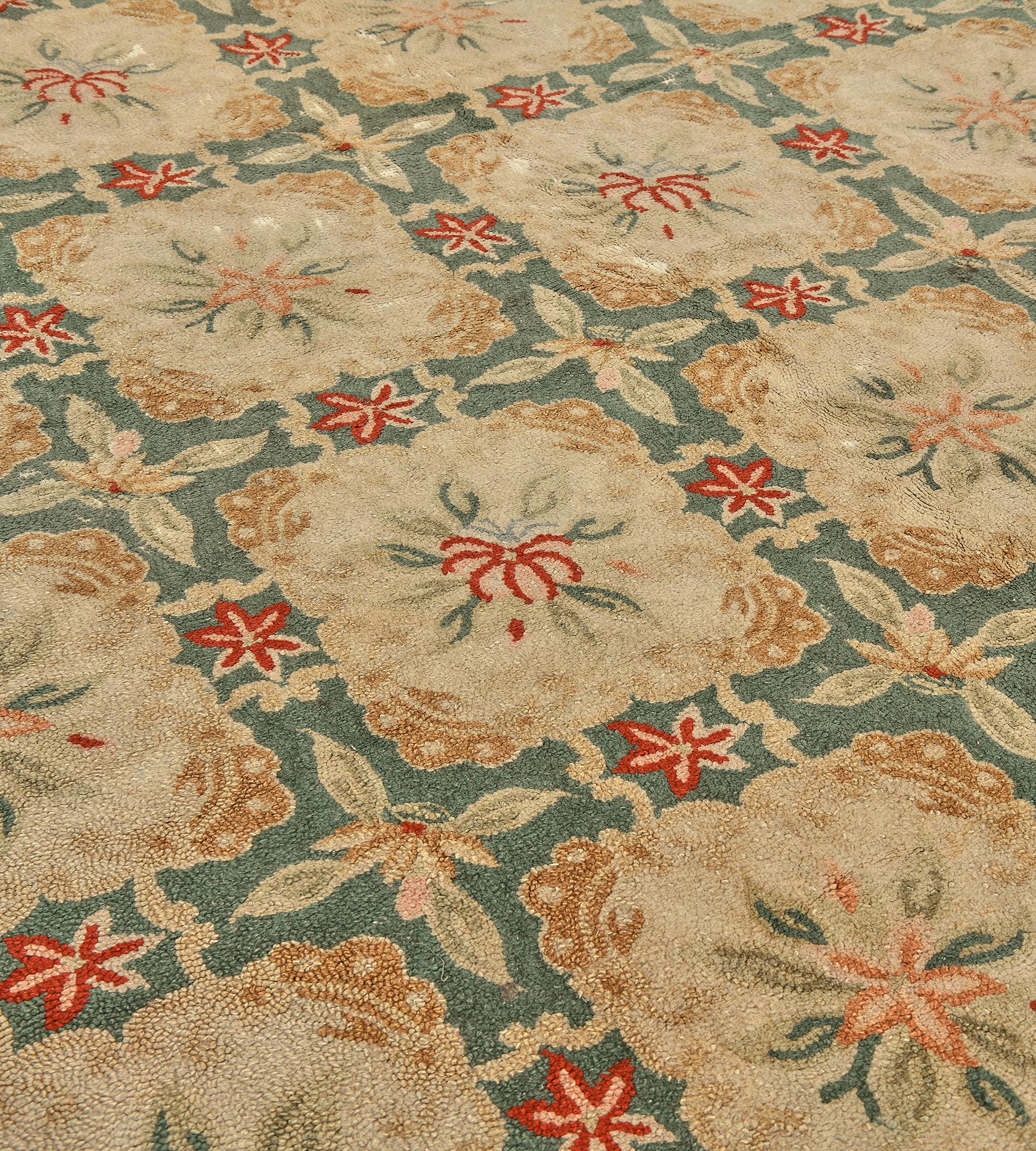 American Vintage Mid-Century Handmade Wool Hooked Green Floral Rug For Sale