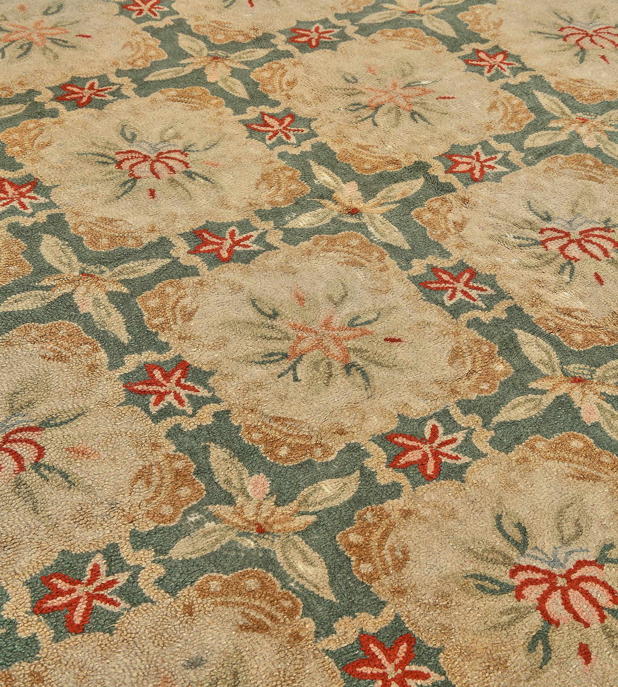 Hand-Knotted Vintage Mid-Century Handmade Wool Hooked Green Floral Rug For Sale