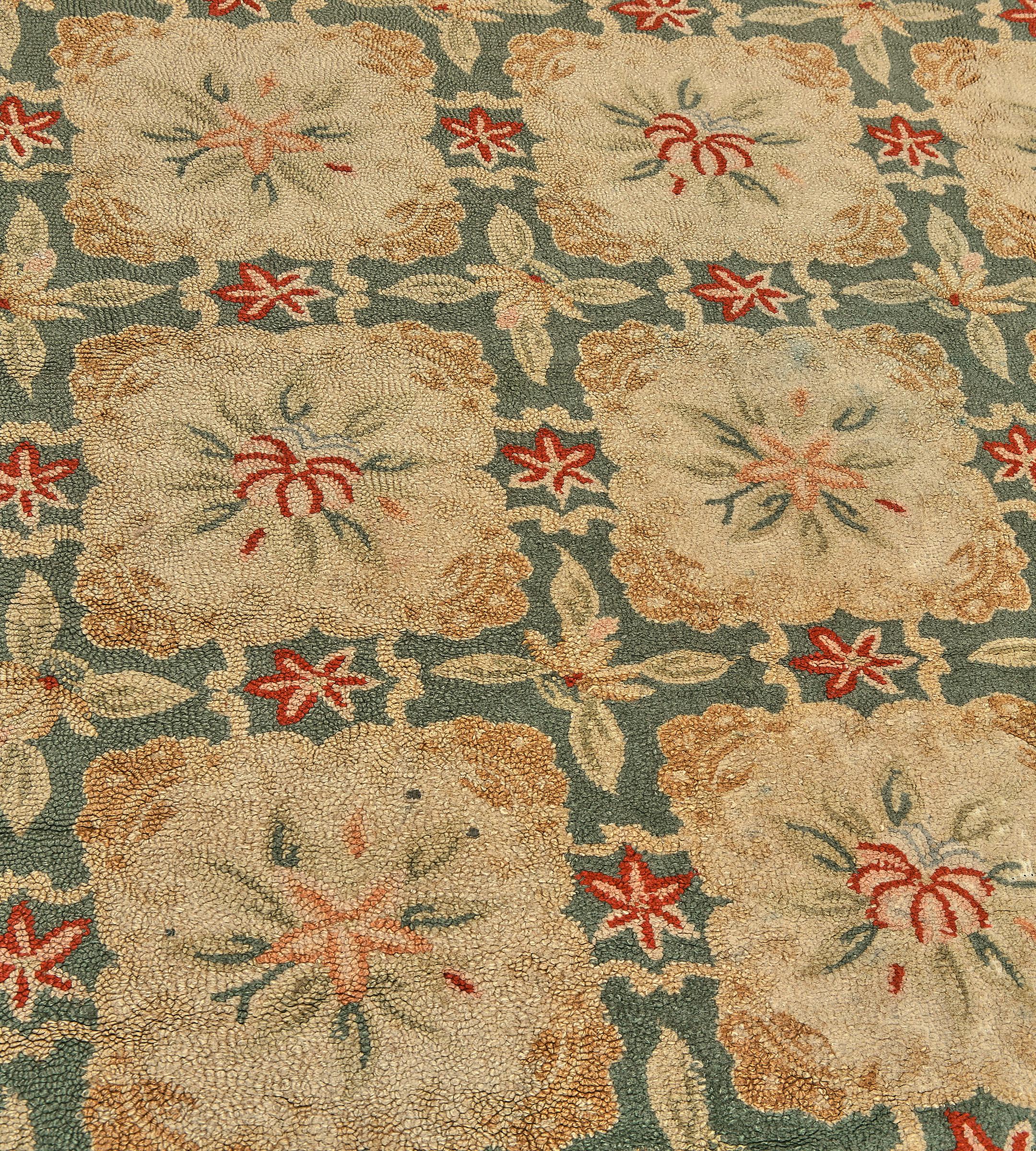 Vintage Mid-Century Handmade Wool Hooked Green Floral Rug In Good Condition For Sale In West Hollywood, CA