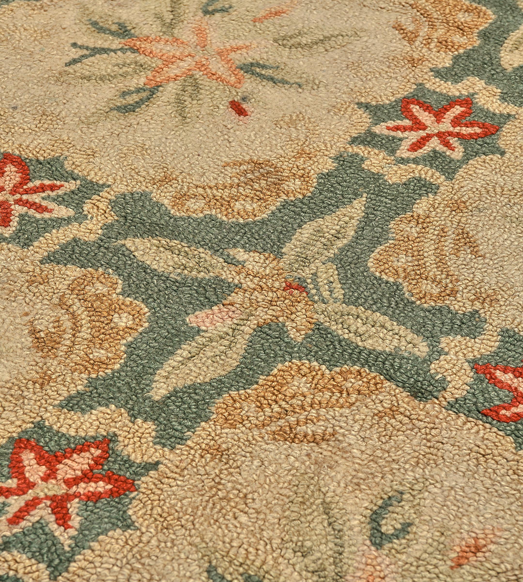 20th Century Vintage Mid-Century Handmade Wool Hooked Green Floral Rug For Sale