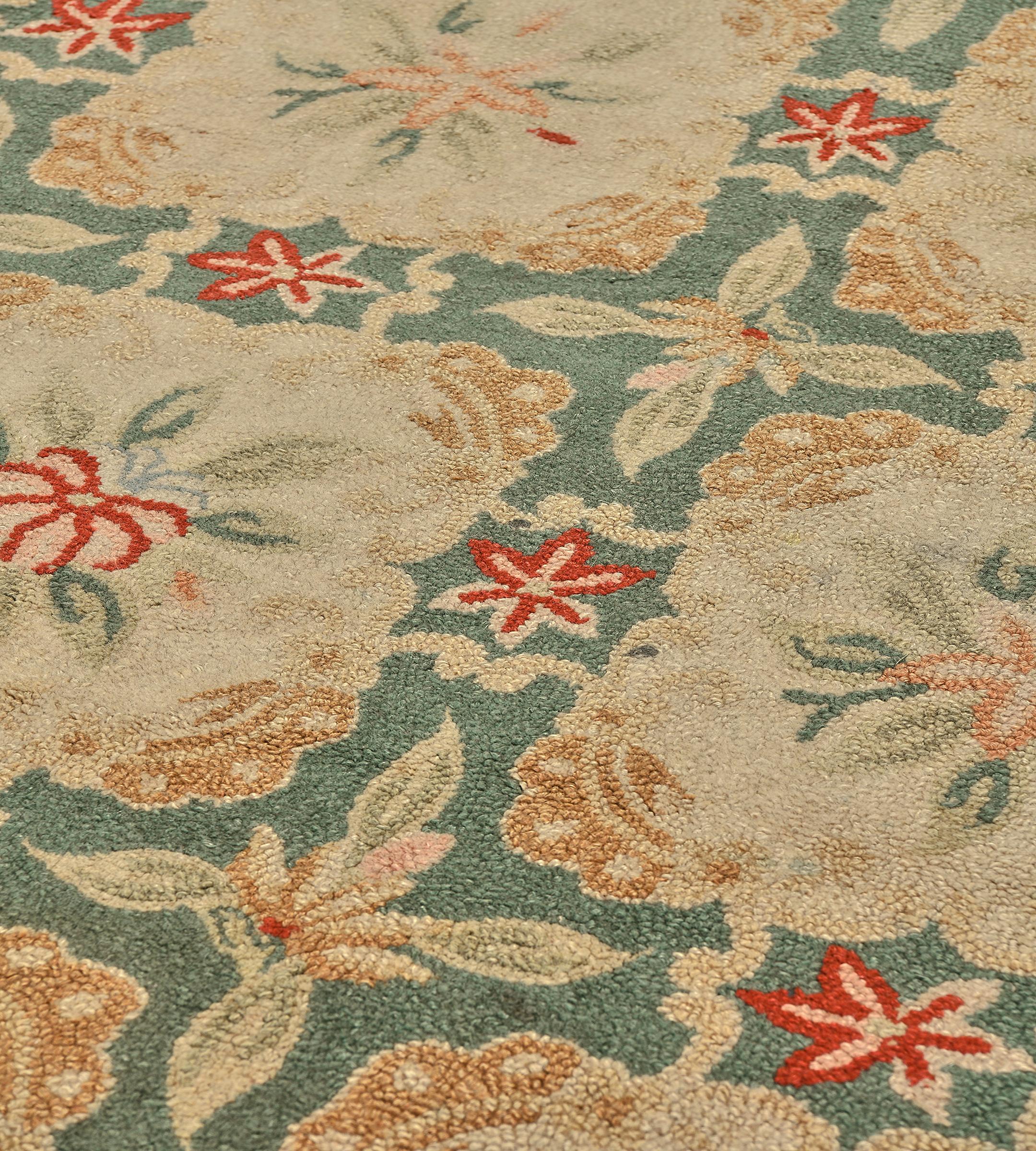 Vintage Mid-Century Handmade Wool Hooked Green Floral Rug For Sale 1