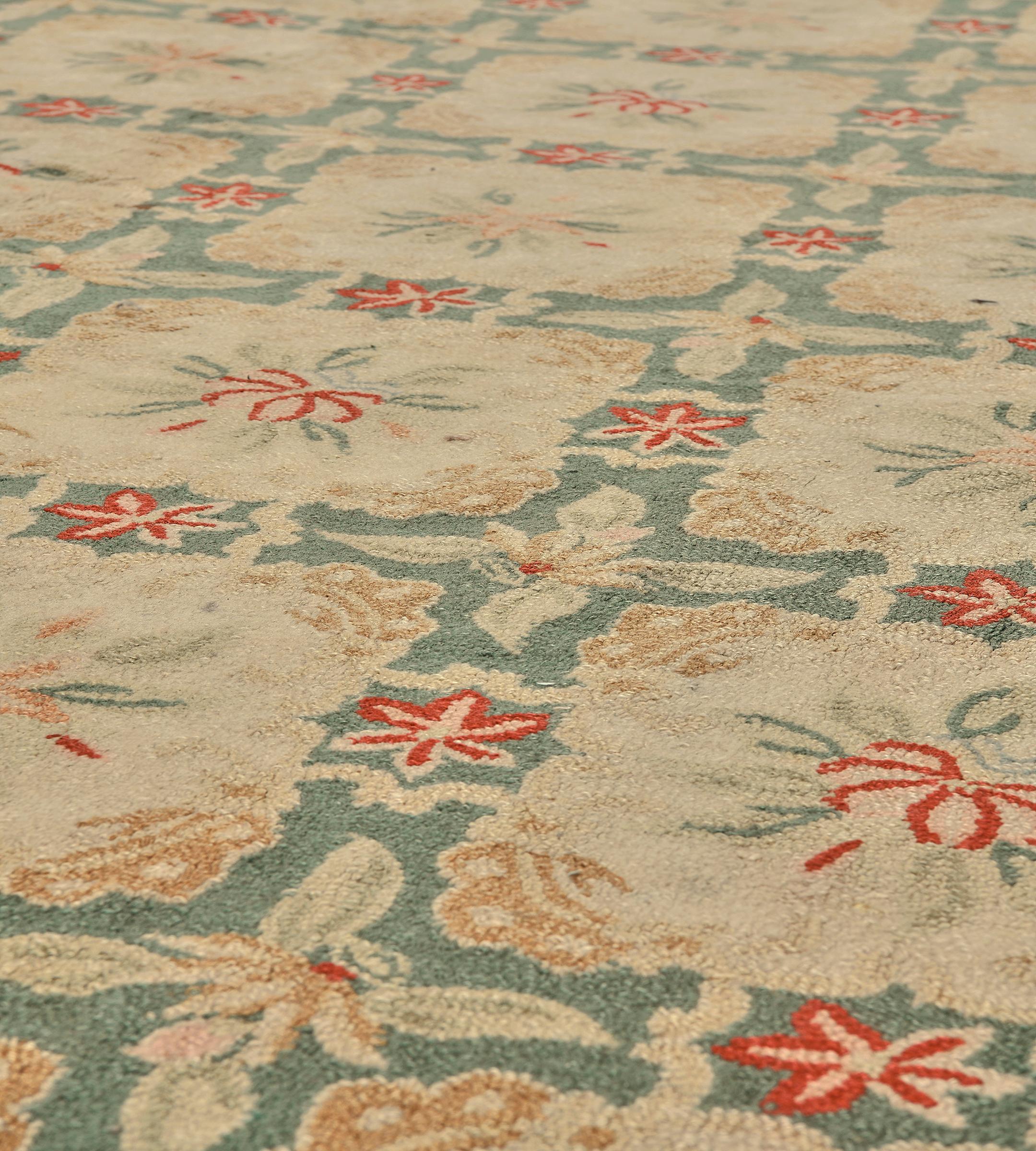 Vintage Mid-Century Handmade Wool Hooked Green Floral Rug For Sale 2
