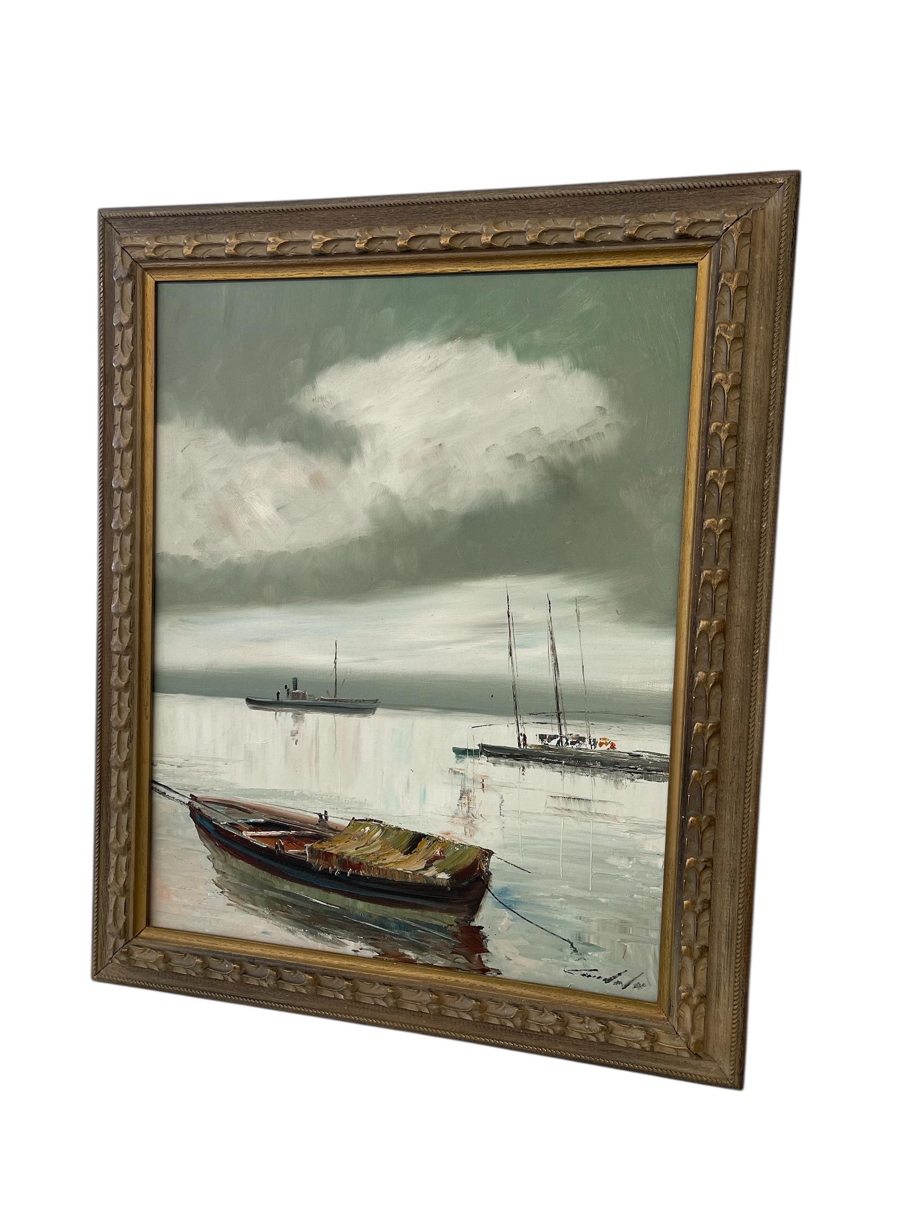 Pittura ad olio di metà secolo con scene portuali, barche e cielo coperto, firmata In condizioni buone in vendita a Seattle, WA