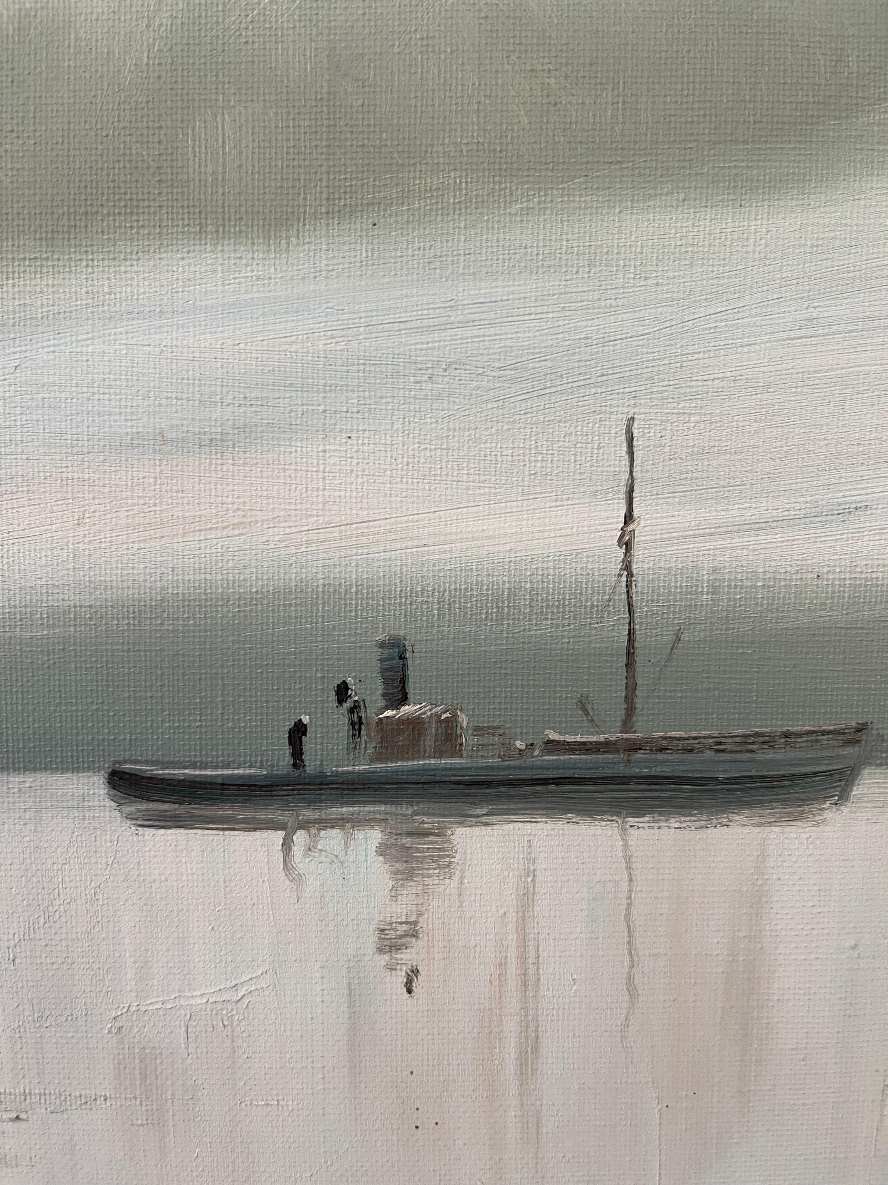 Tela Pittura ad olio di metà secolo con scene portuali, barche e cielo coperto, firmata in vendita
