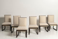 Vintage Mid-Century High Back Dining Chairs, Ebonized Wood, Brass and Upholstery