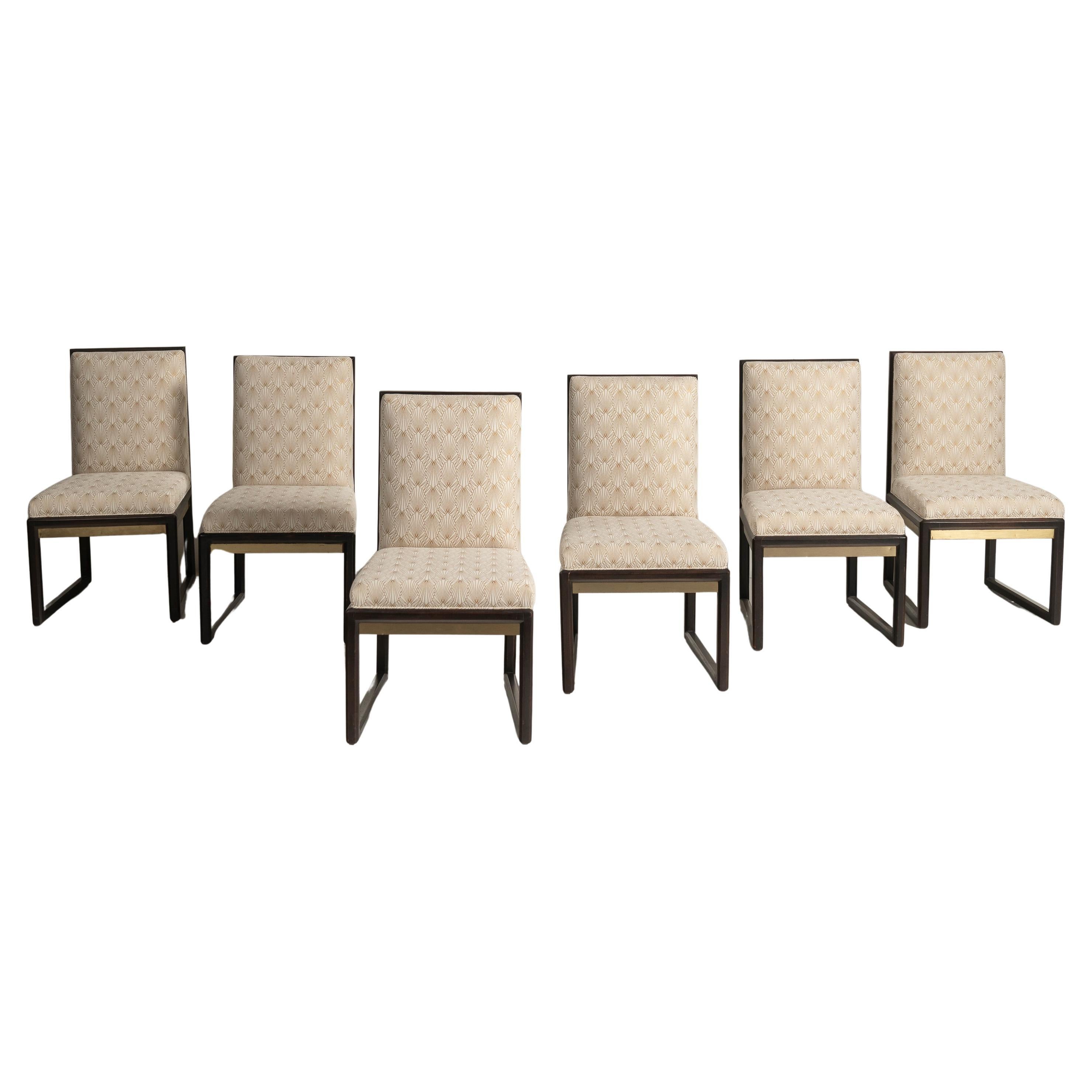 Vintage Mid-Century High Back Dining Chairs, Ebonized Wood, Brass and Upholstery