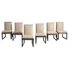 Vintage Mid-Century High Back Dining Chairs, Ebonized Wood, Brass and Upholstery
