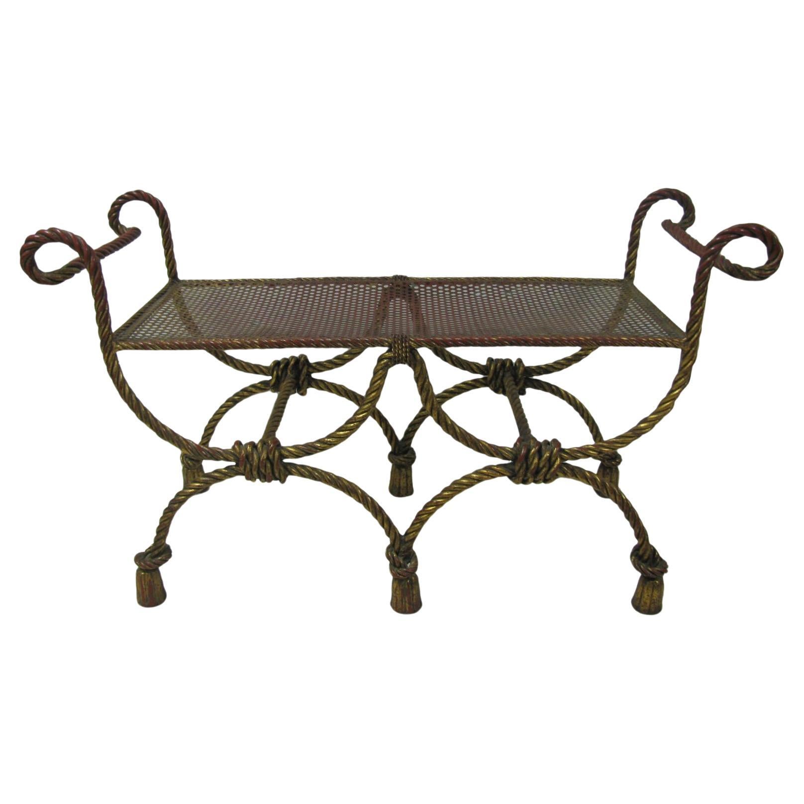 Vintage Mid Century Hollywood Regency Gilt Rope and Tassel Double Bench, Italy