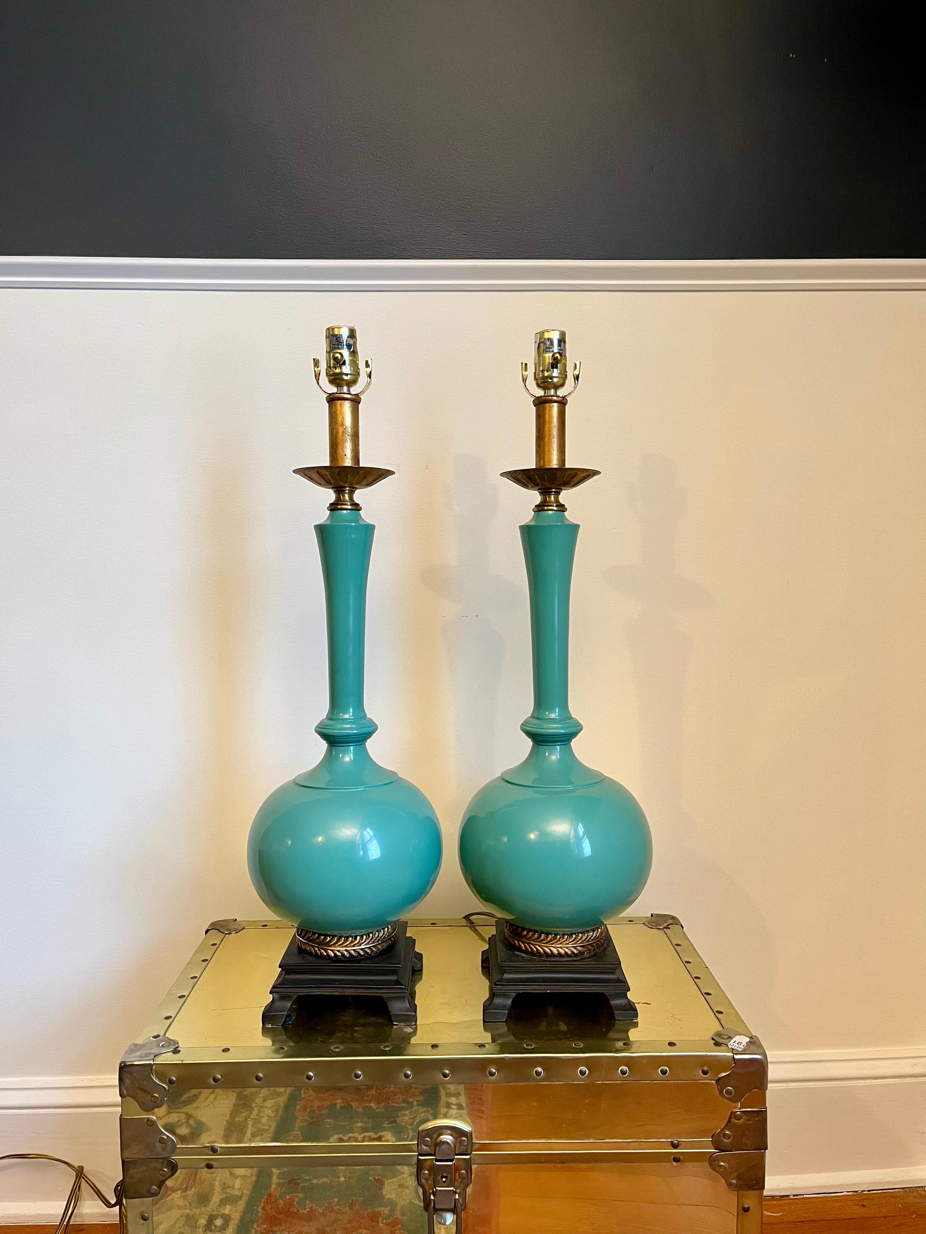 Beautiful sophisticated Hollywood Regency Lamps. Turquoise offset with gold. Laurel wreath wraps the base for an elegant touch. 
Curbside to NYC/Philly $300