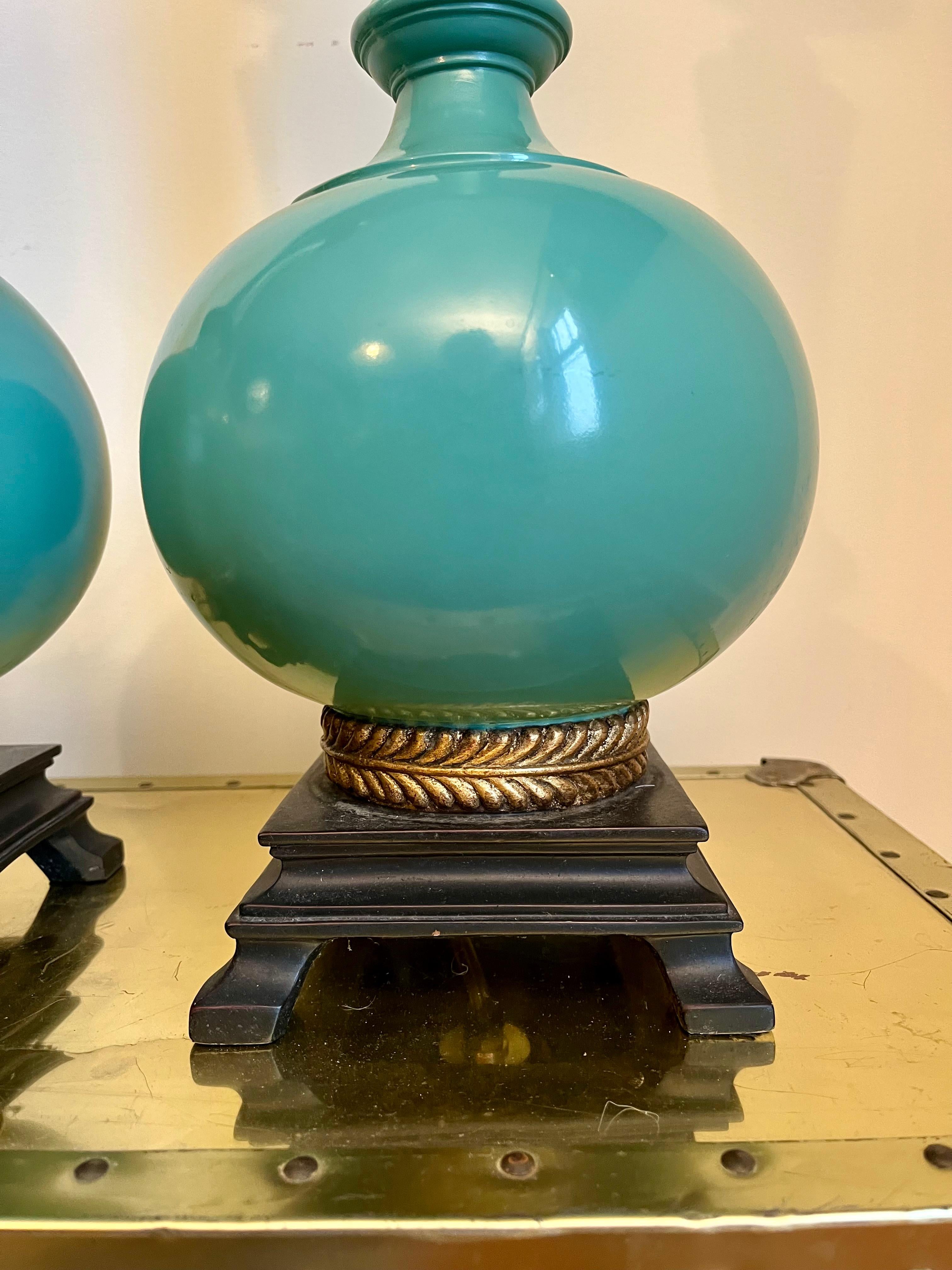 Vintage Mid Century Hollywood Regency Turquoise Lamps In Good Condition For Sale In W Allenhurst, NJ