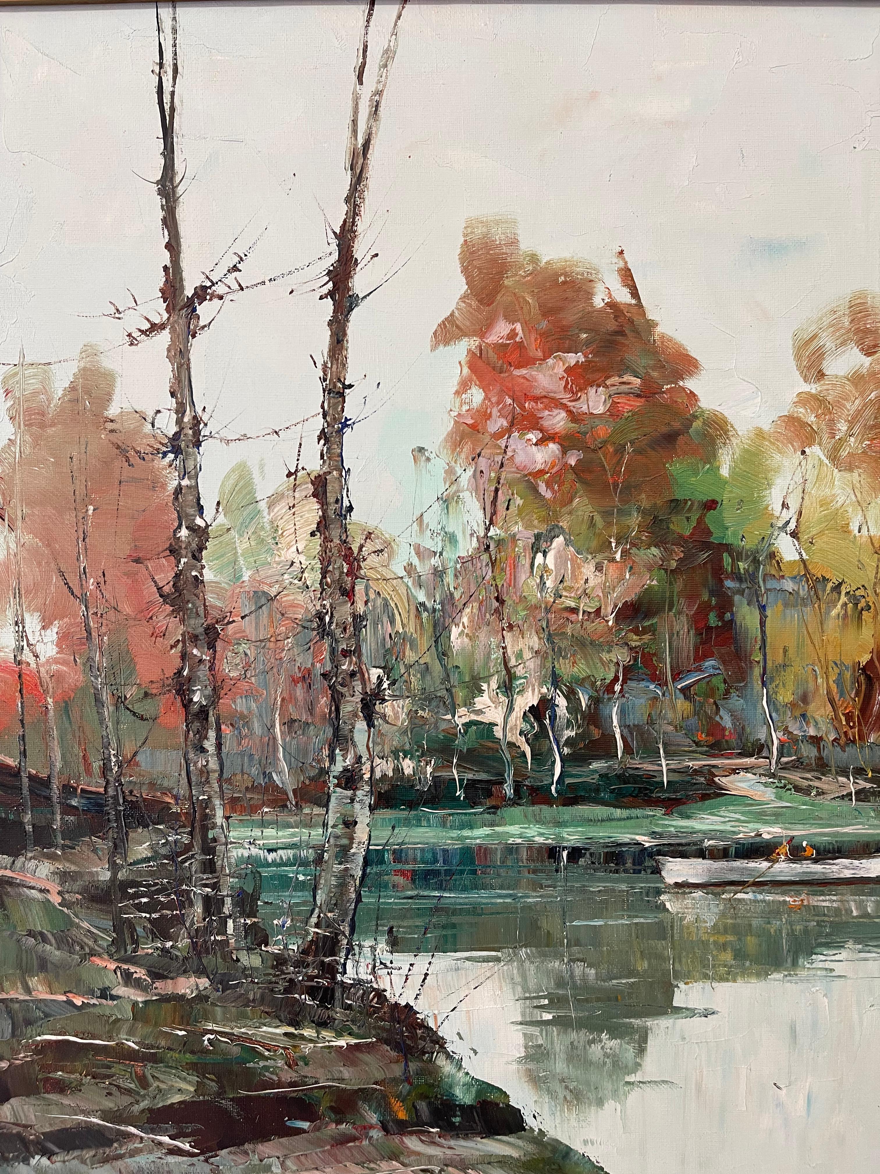 Dipinto a olio di metà secolo di un paesaggio autunnale di probabile impronta impressionista in vendita 1