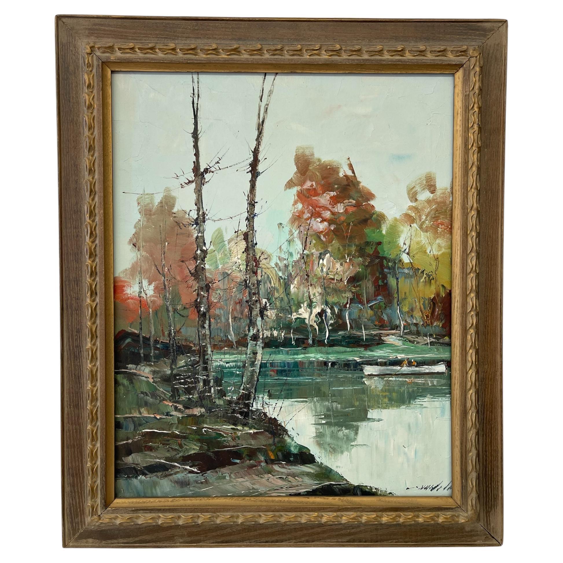 Dipinto a olio di metà secolo di un paesaggio autunnale di probabile impronta impressionista in vendita
