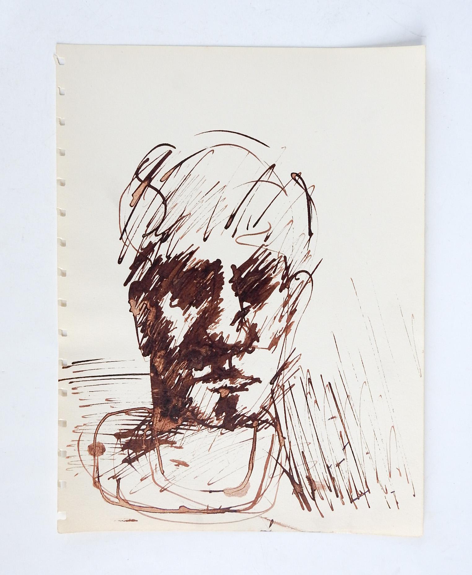 Vintage mid 20th century sepia ink on paper impressionist portrait drawing of man. Unsigned. Unframed, age toning, sketch book edge perforations.