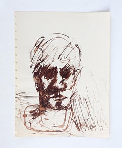 Vintage Mid-Century Impressionist Man Sepia Portrait Drawing